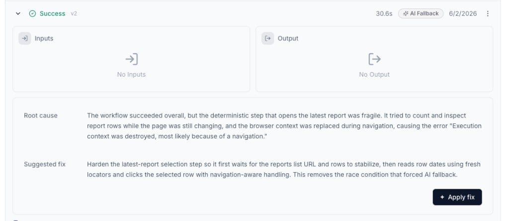 Completed run with AI Fallback badge showing root cause analysis and an Apply fix button
