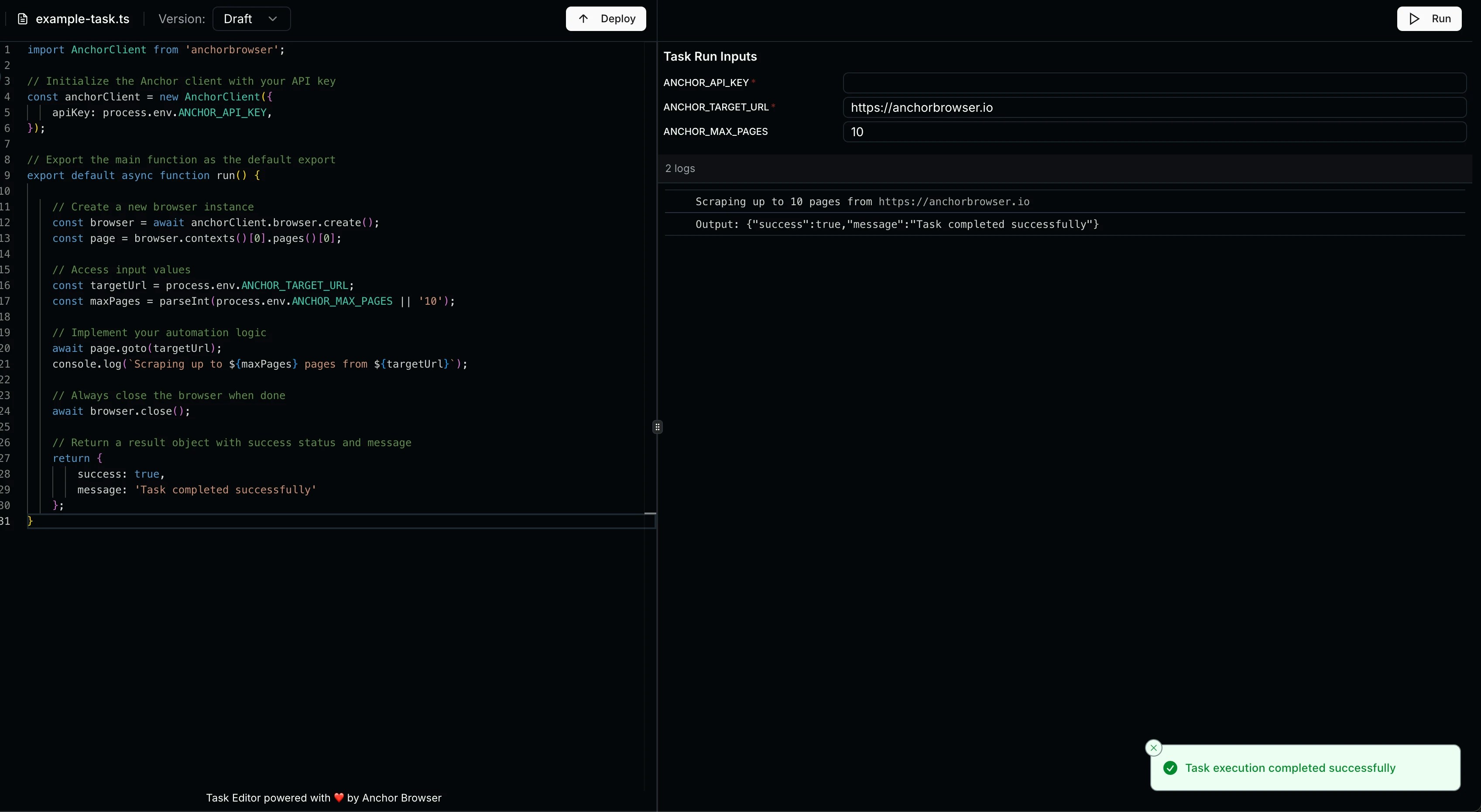 Running a task with inputs