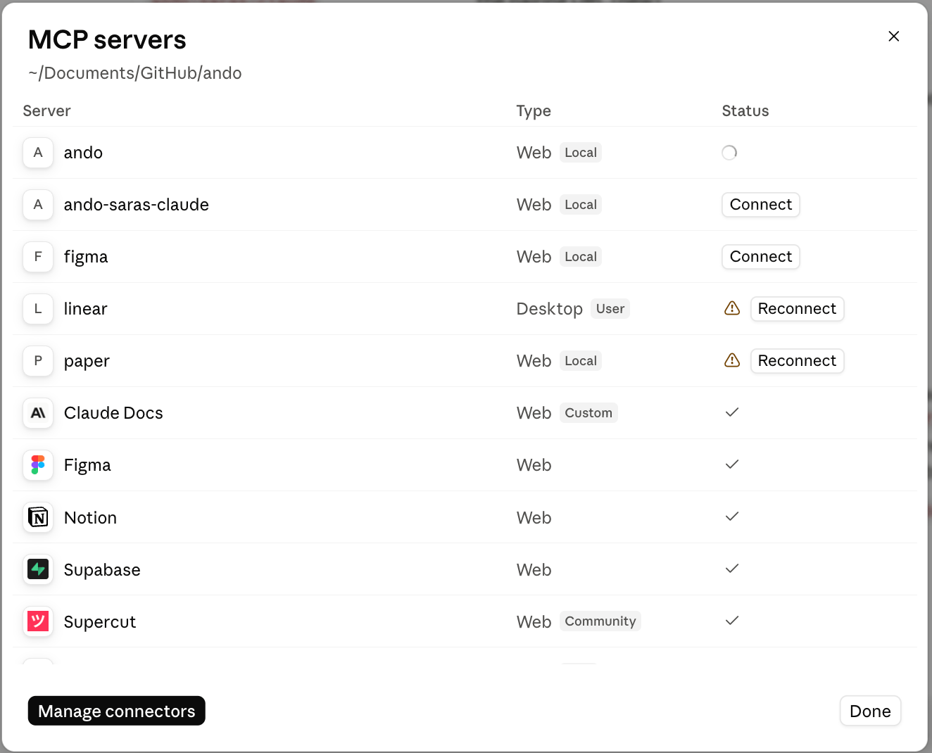 Claude desktop MCP servers dialog with Manage connectors at bottom left and Connect buttons beside configured servers.