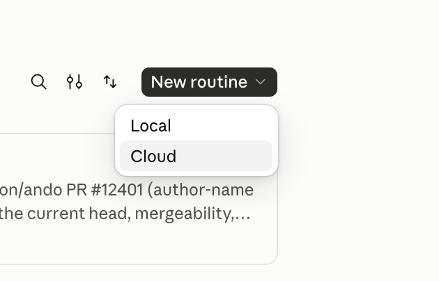Claude desktop New routine menu showing Local and Cloud, with Cloud highlighted.