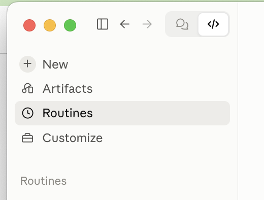 Claude desktop Code tab with Routines selected in the sidebar.