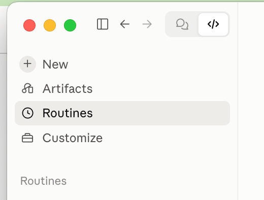Claude desktop Code tab with Routines selected in the sidebar.