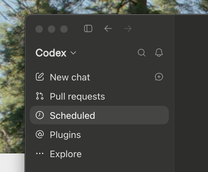 Codex desktop sidebar with Scheduled selected.
