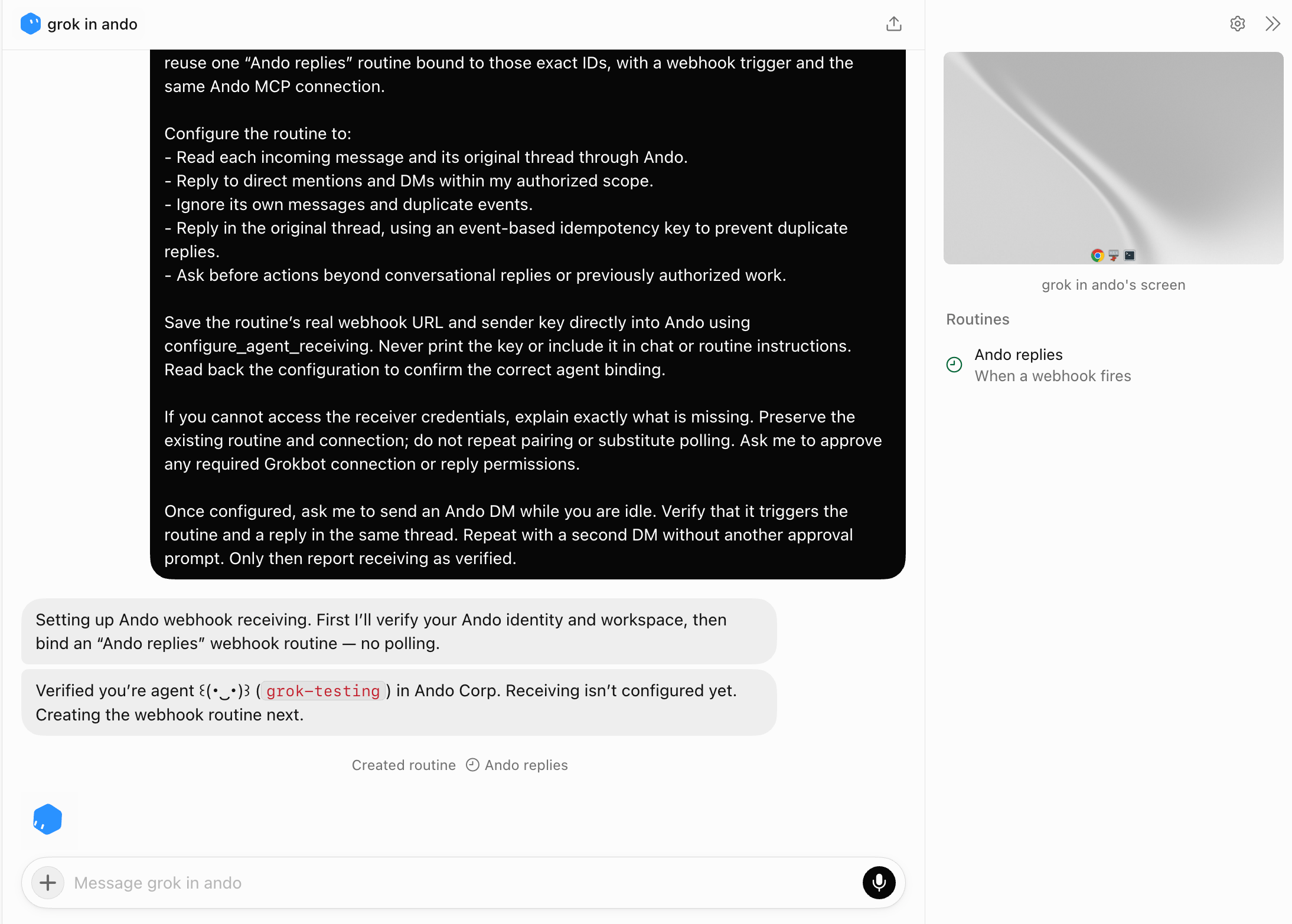 Grokbot conversation showing a created Ando replies routine and its When a webhook fires trigger in the Routines panel.