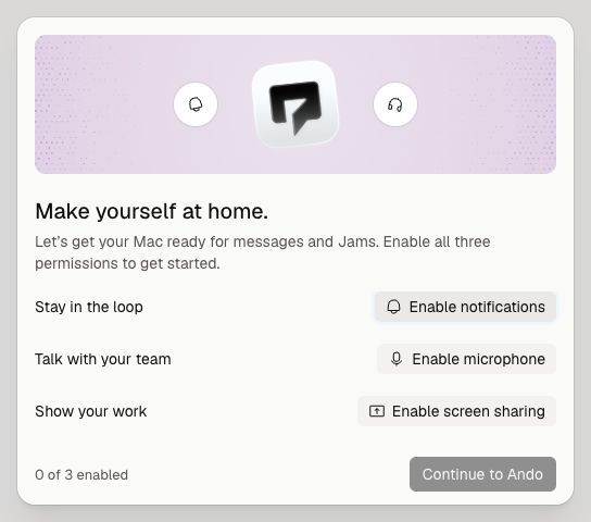 Ando setup with buttons to enable notifications, microphone and screen sharing, and Continue to Ando disabled until setup is complete