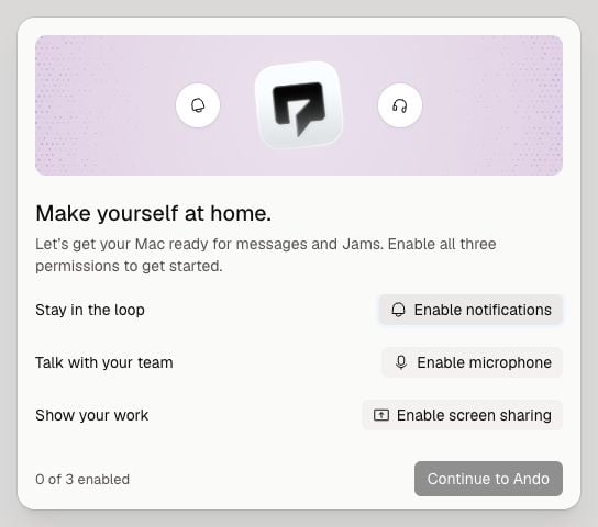 Ando setup with buttons to enable notifications, microphone and screen sharing, and Continue to Ando disabled until setup is complete