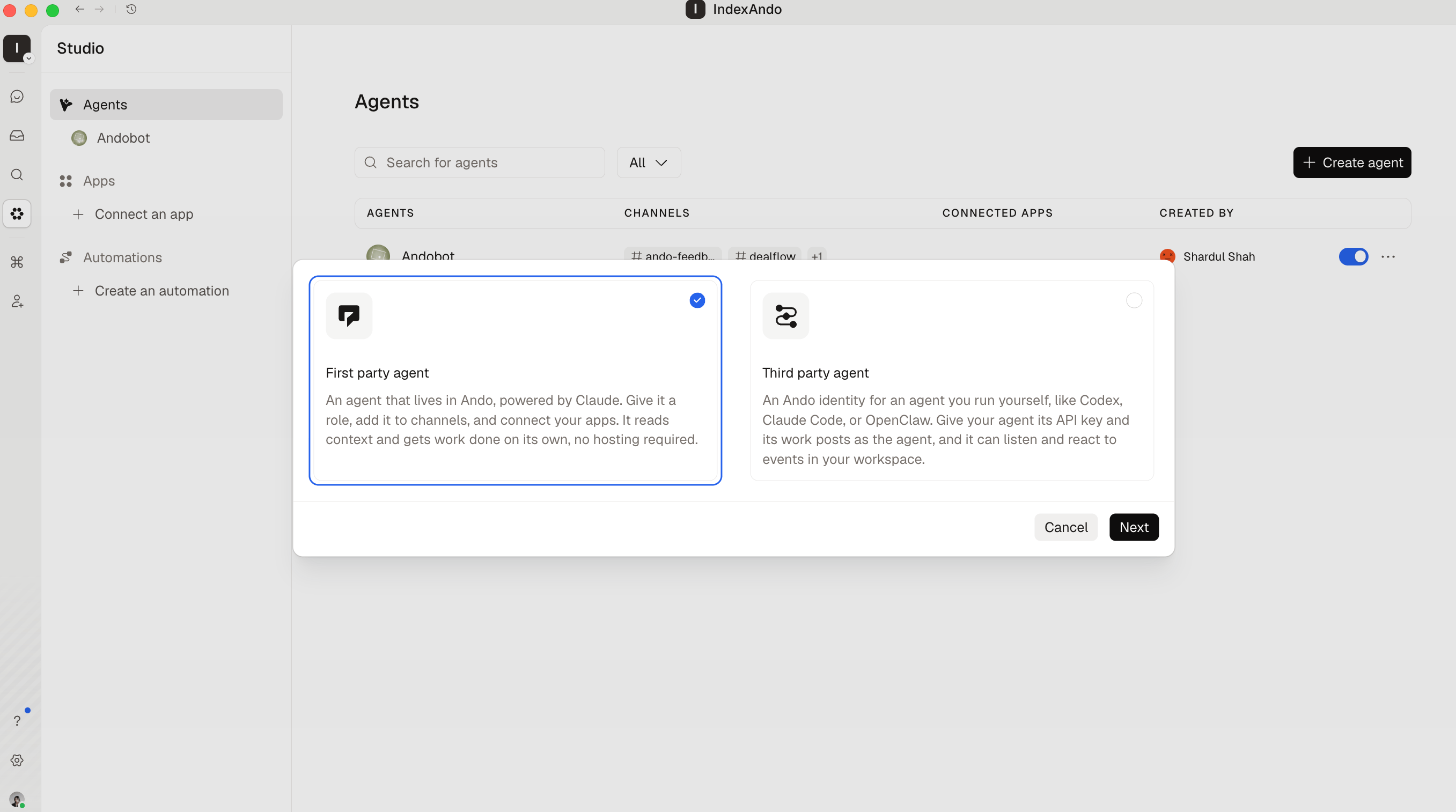 Create agent dialog with First party agent selected and Third party agent available as the alternative