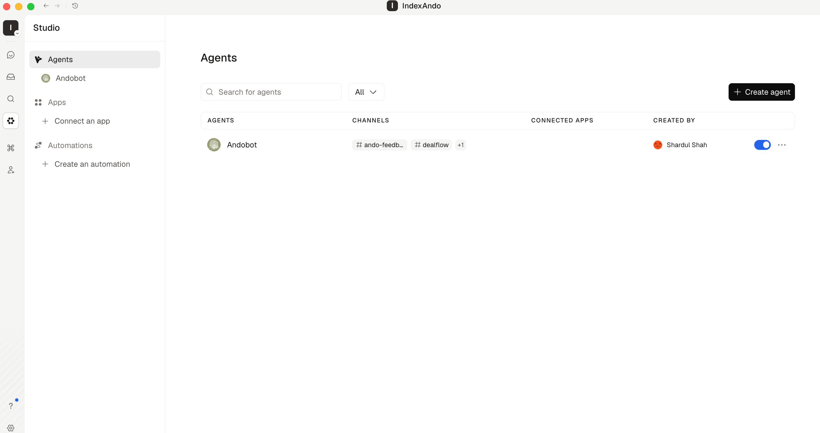 Ando Studio Agents page with the Create agent button in the upper-right corner