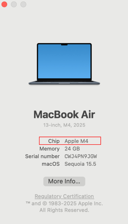 About This Mac showing the Chip field highlighted as Apple M4