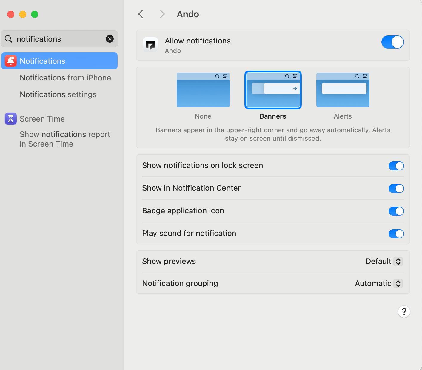 Mac notification settings for Ando with Allow notifications turned on