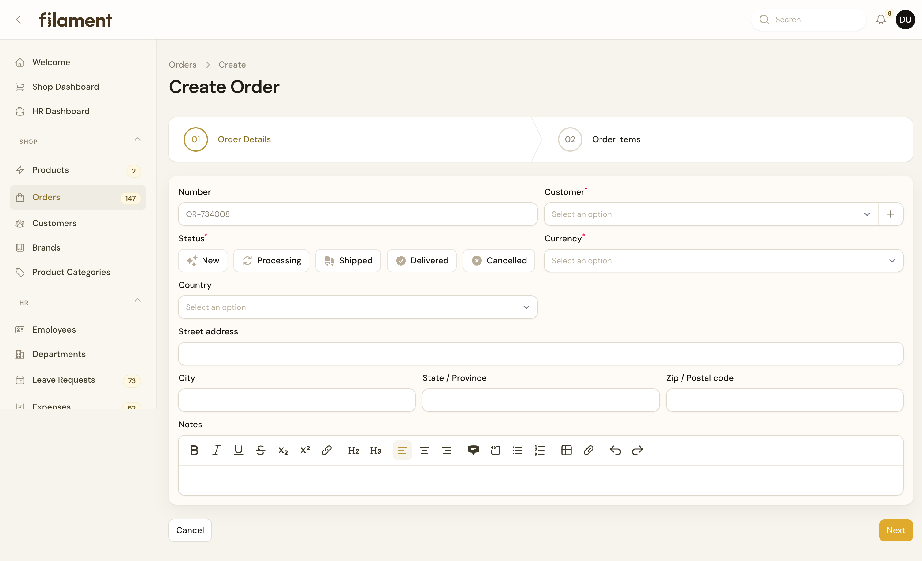 Create order