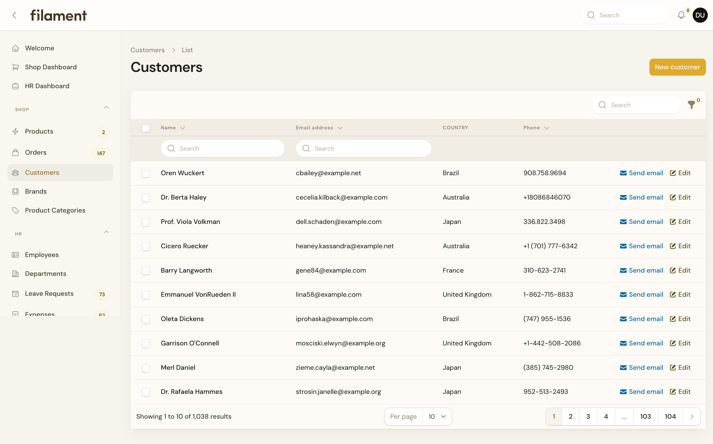 Customers list