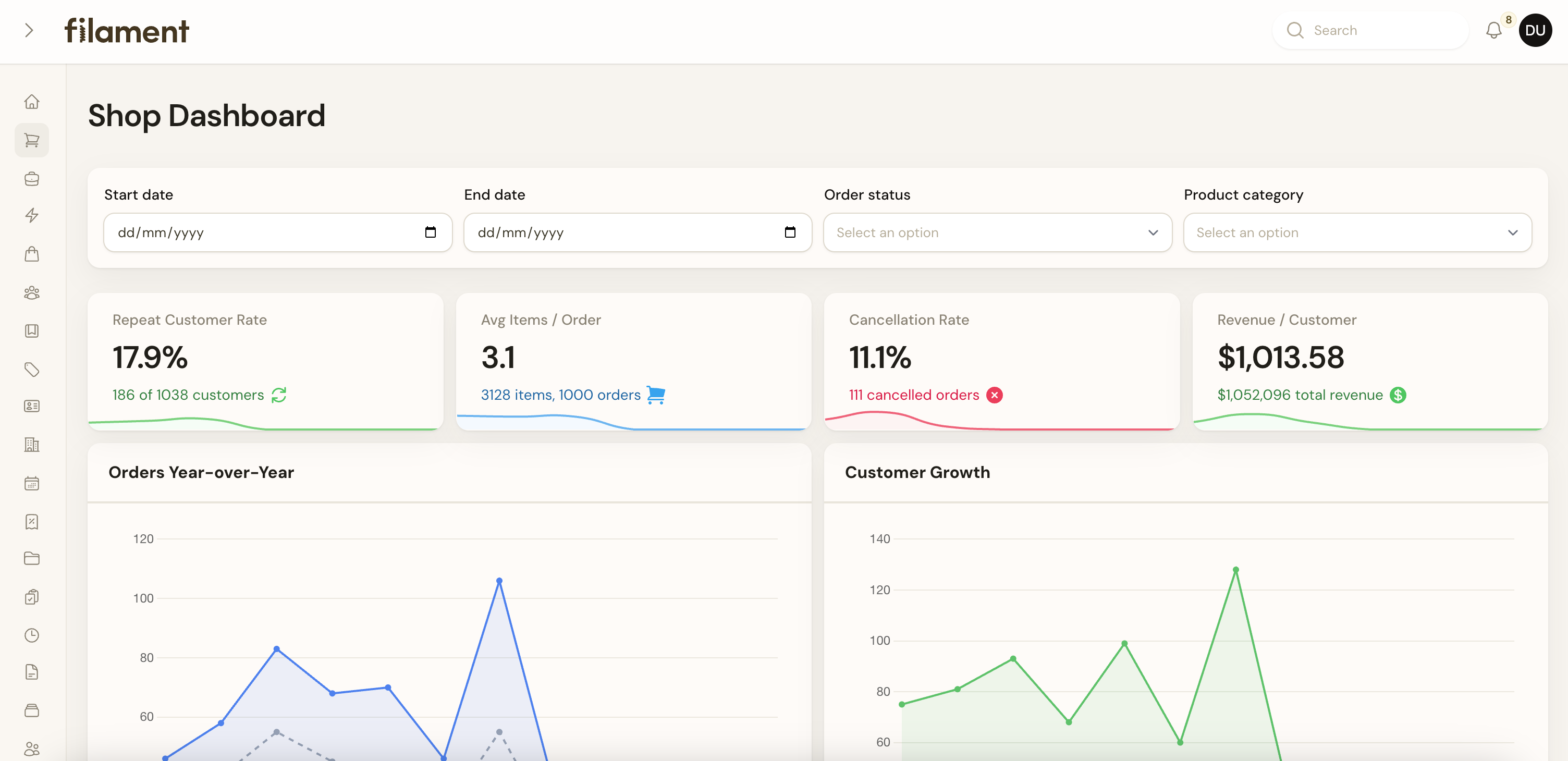 Filament Cappuccino Theme dashboard