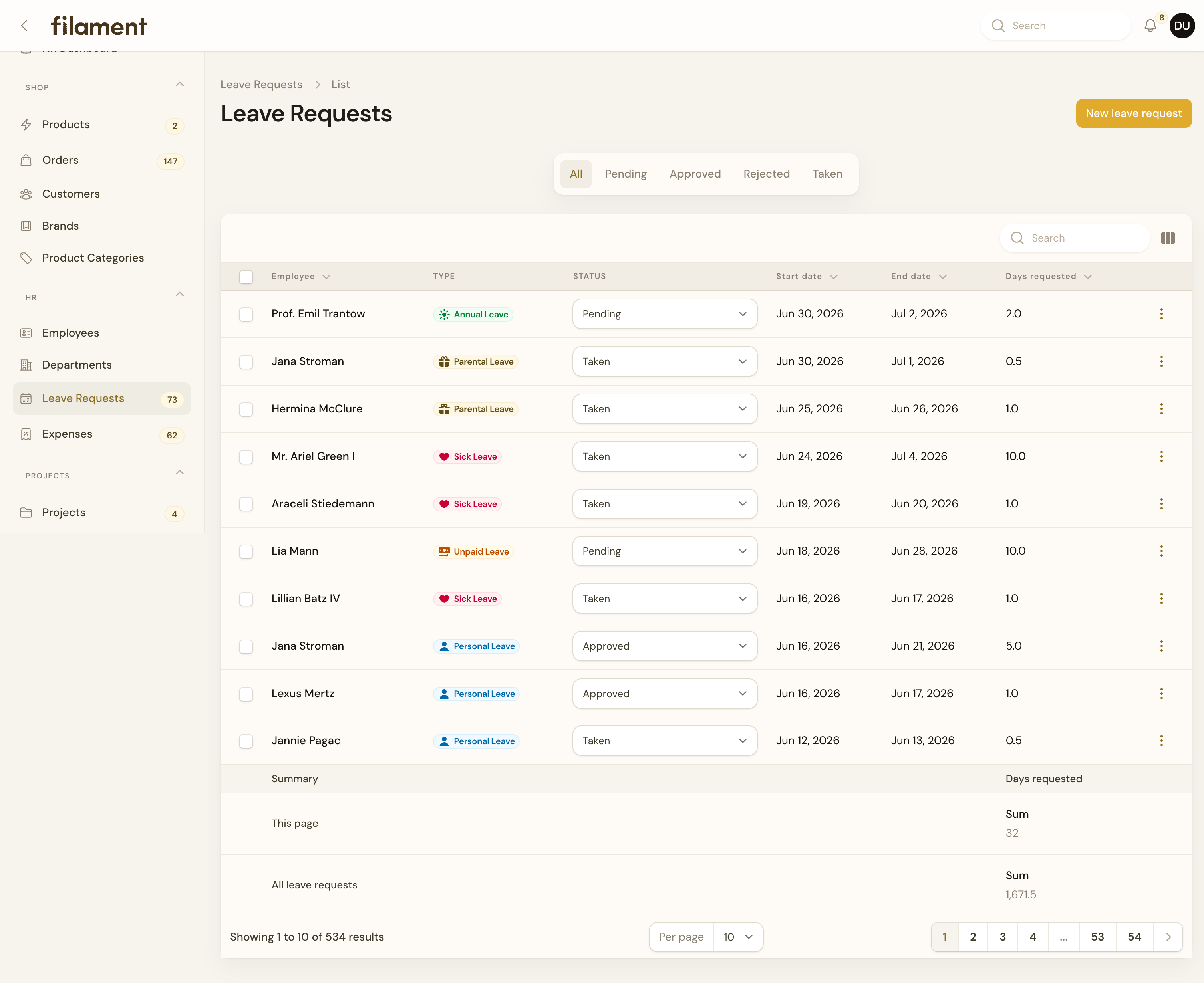 Leave requests list