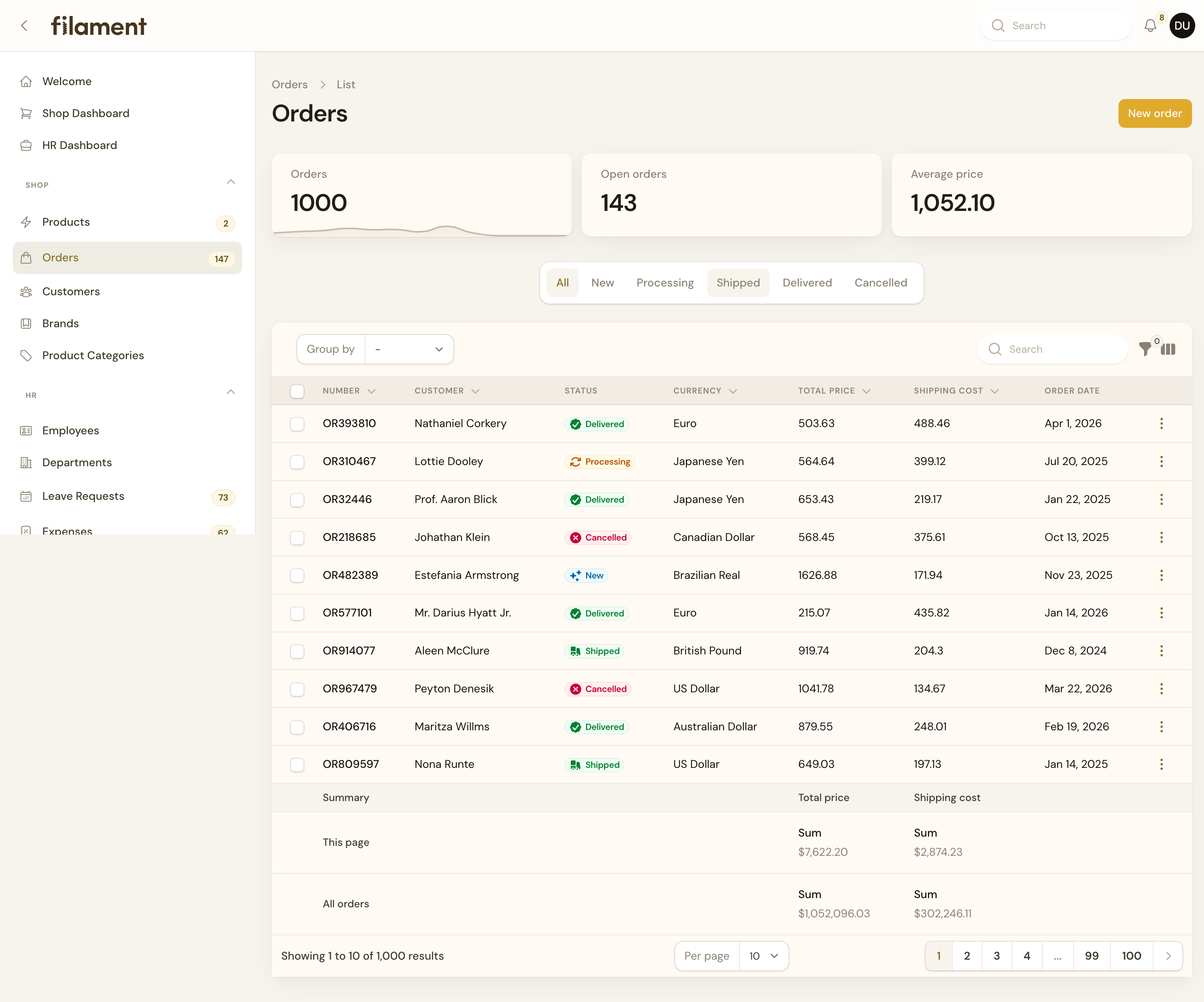 Orders list