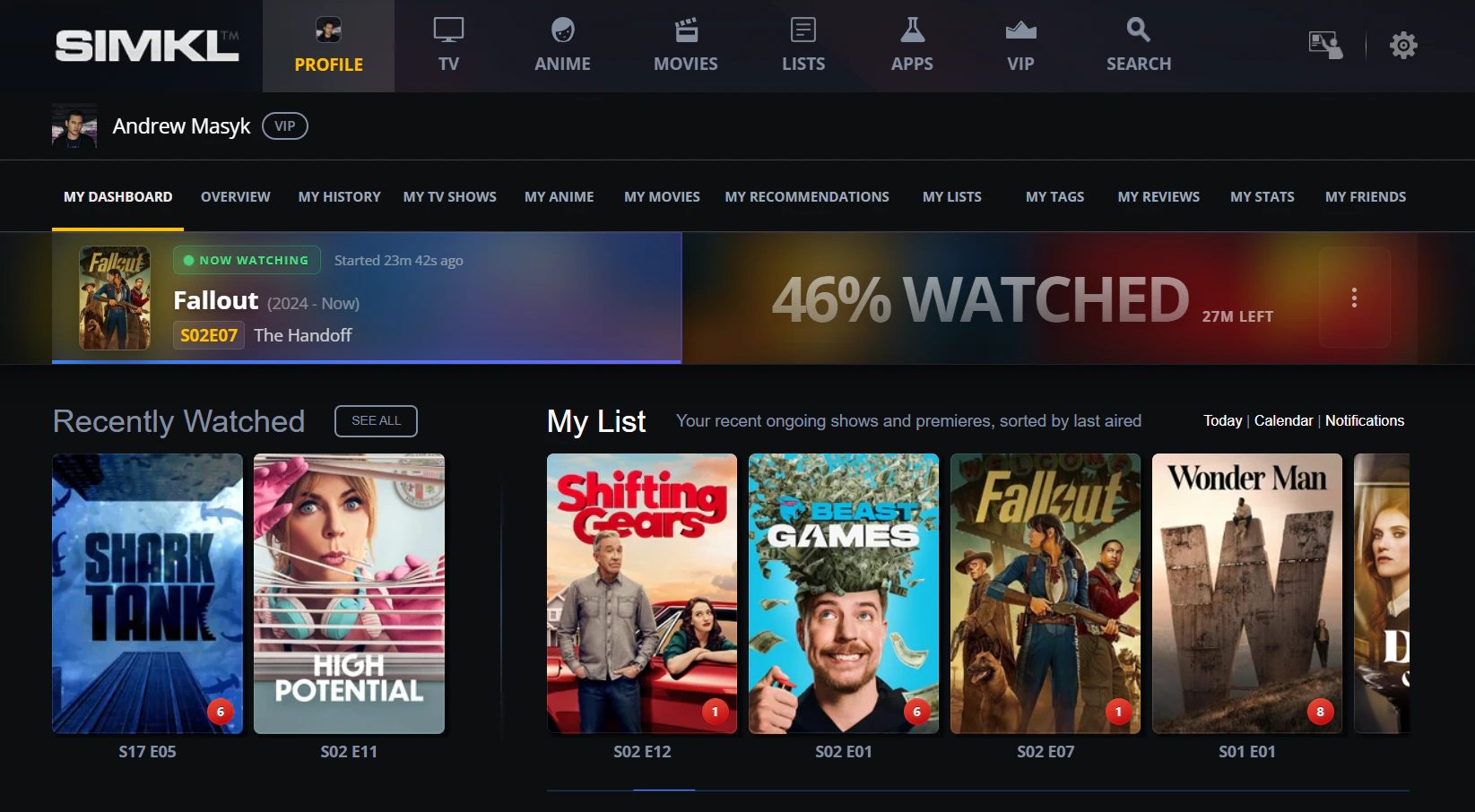 Simkl user dashboard showing 'NOW WATCHING' Fallout S02E07 'The Handoff' with a 46% watched progress bar and 27 minutes left