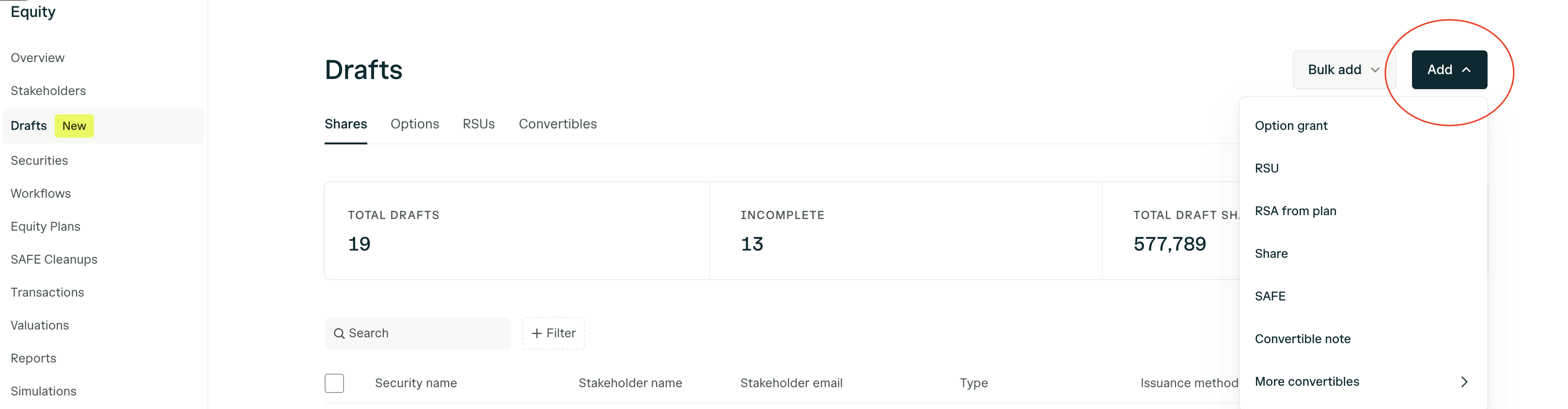 Create draft dropdown