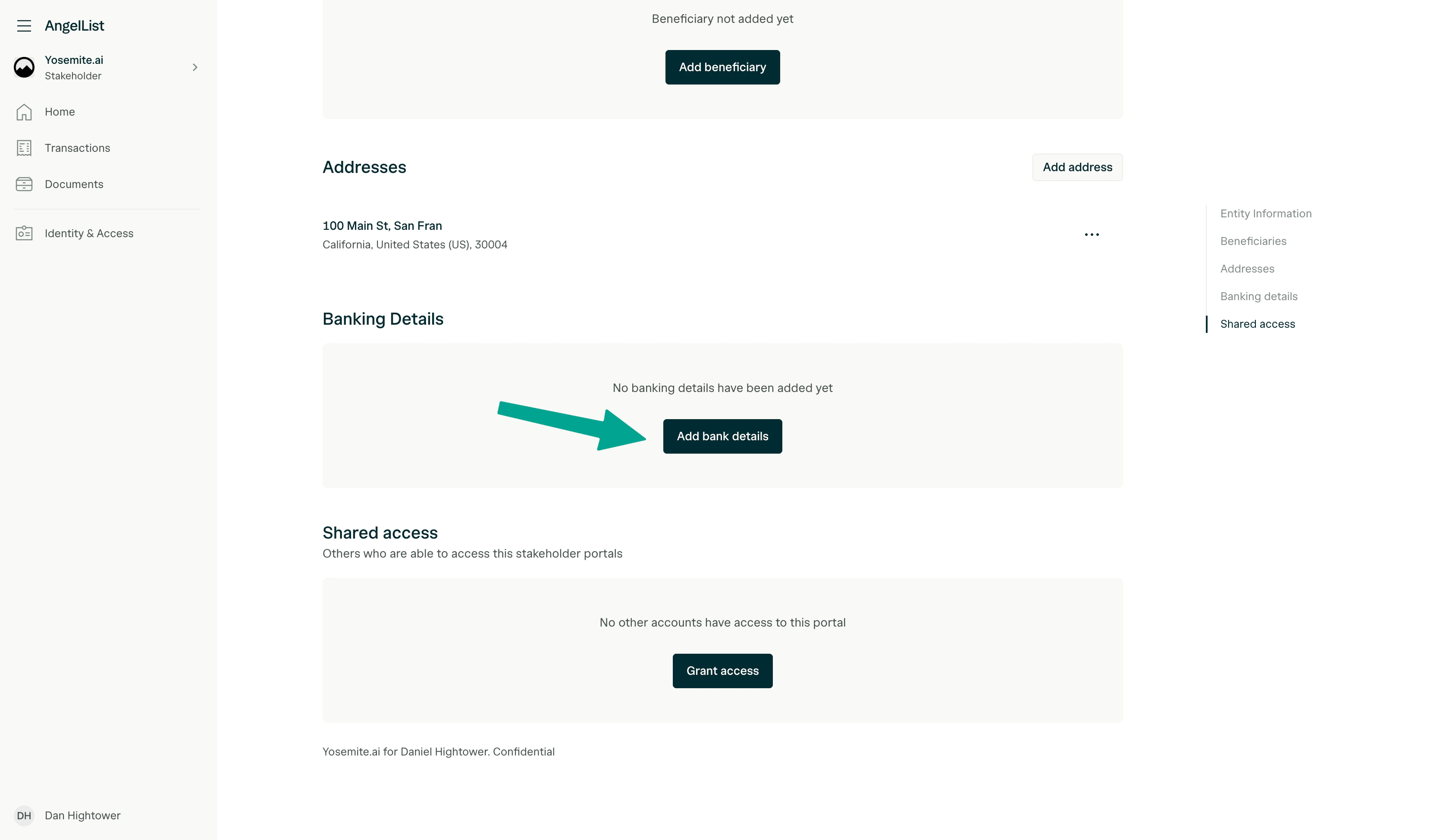 Banking Details section showing the Add bank details button.