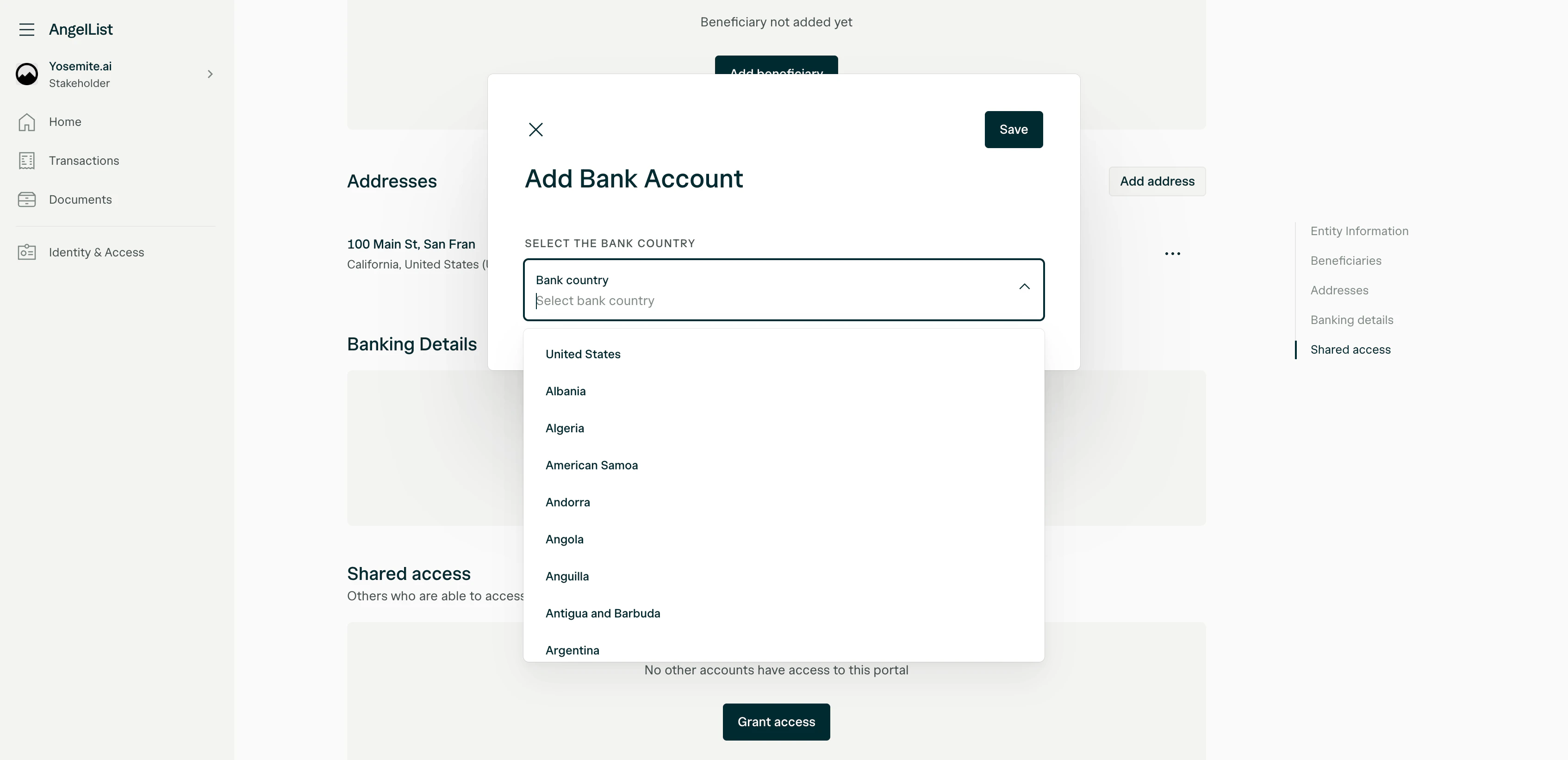 Add Bank Account dialog with bank country selector.