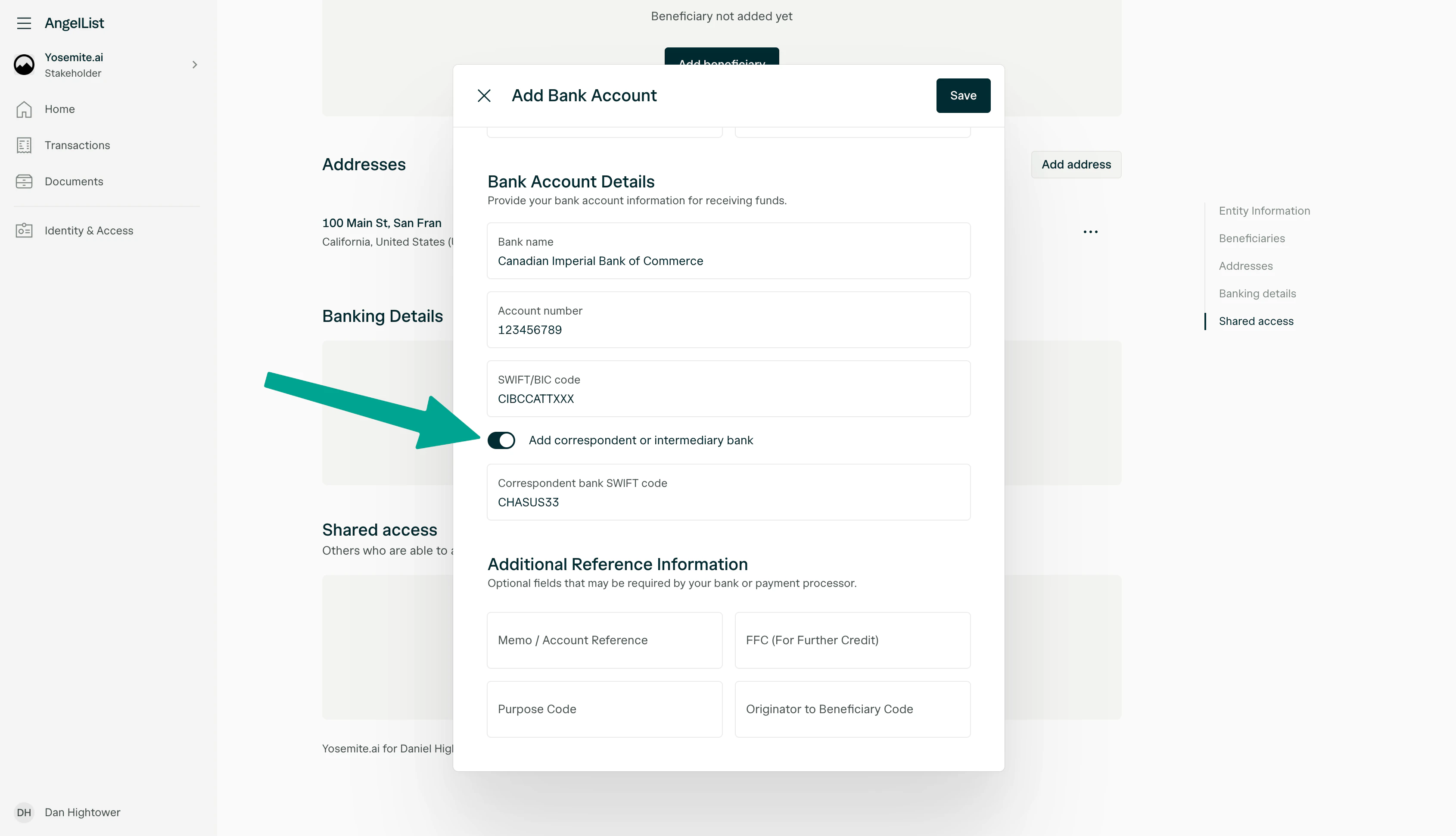 Bank account details form showing bank name, account number, SWIFT/BIC code, and correspondent bank fields.