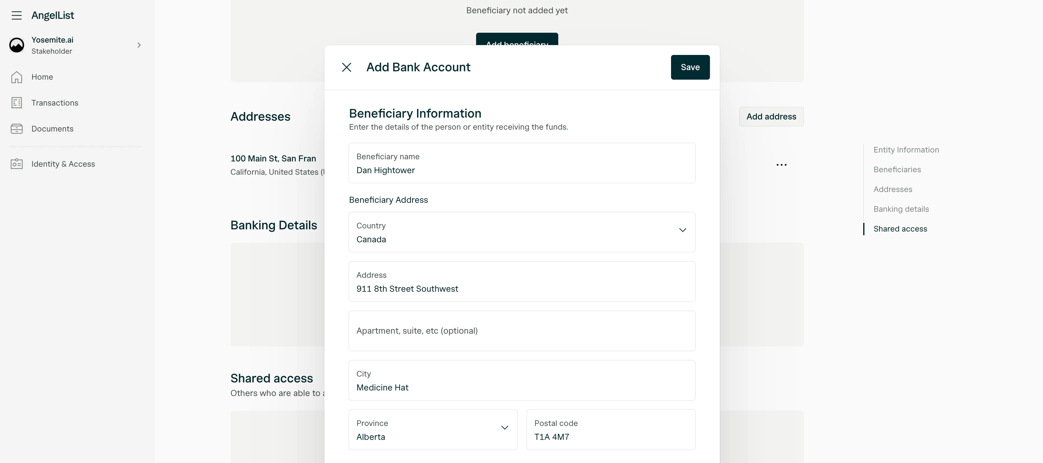 Beneficiary information form for a non-US bank account.