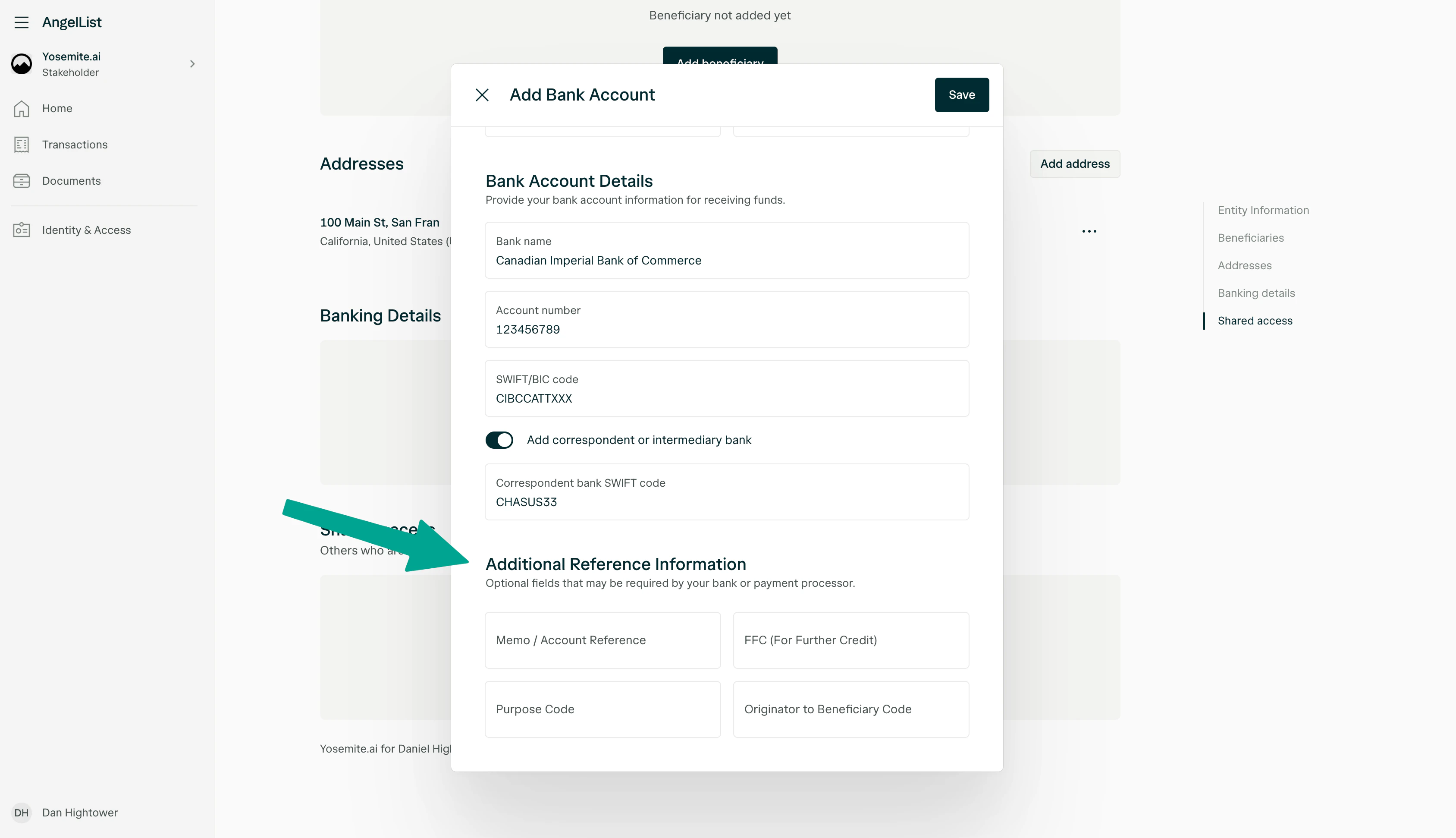 Correspondent bank toggle enabled with SWIFT code field, and Additional Reference Information section.