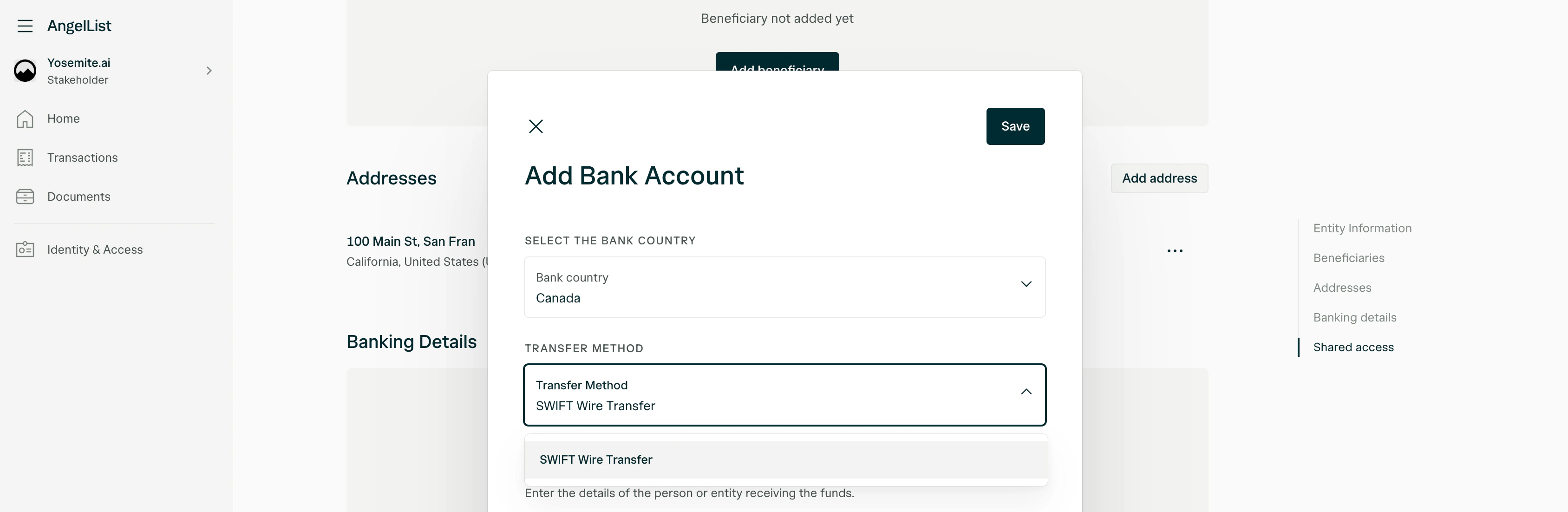 Non-US bank account setup showing SWIFT Wire Transfer as the transfer method.