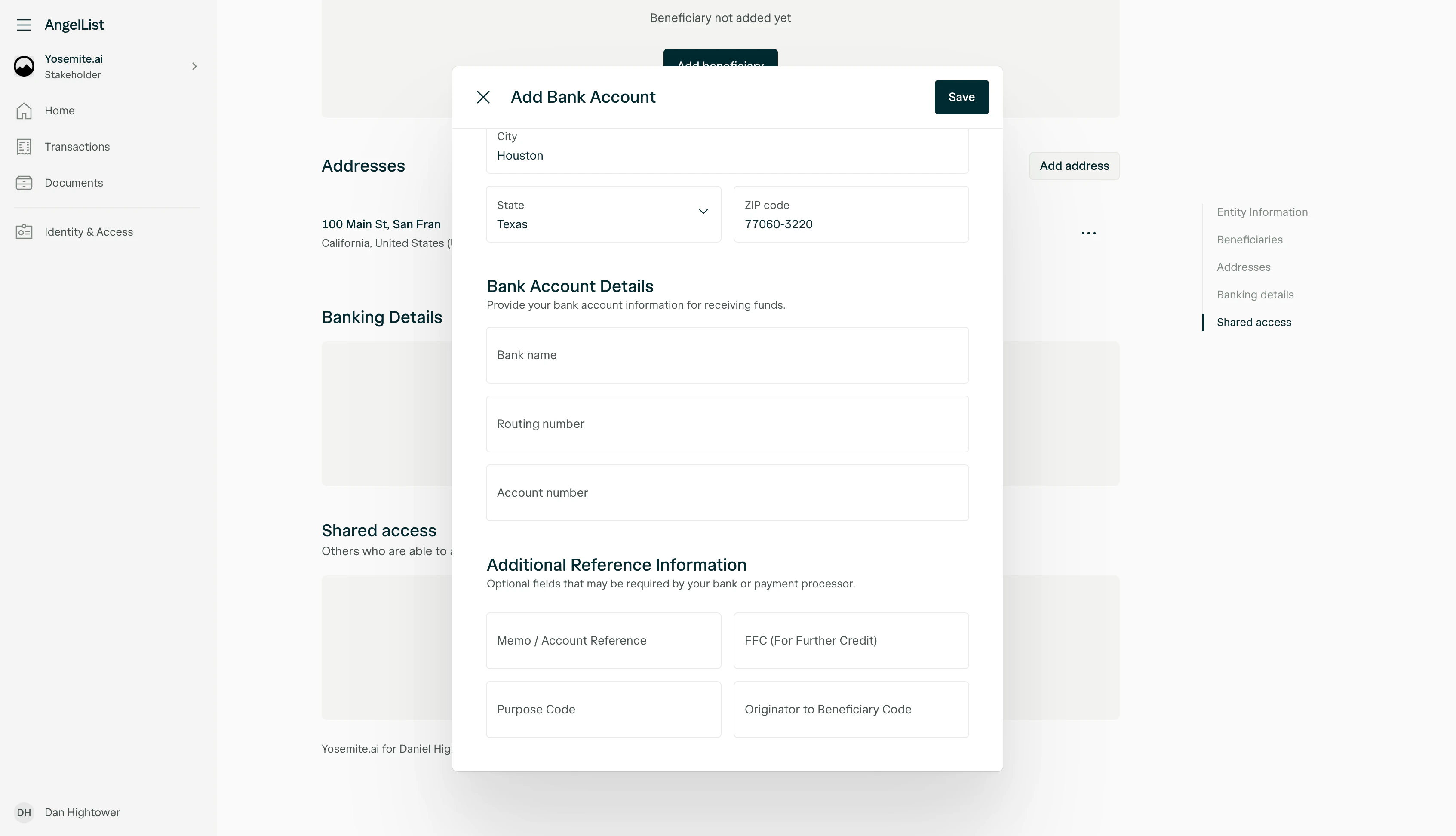 Bank account details form with routing number, account number, and additional reference fields.