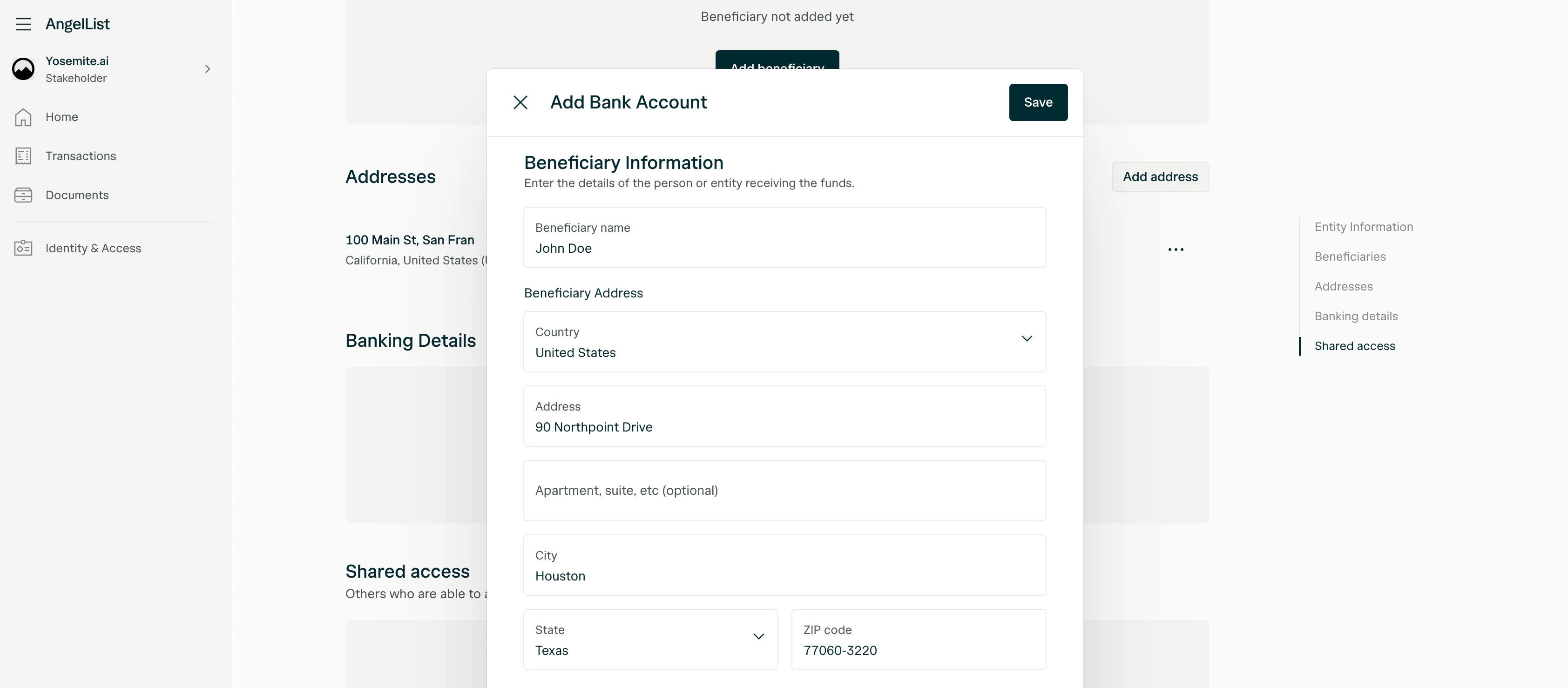 Beneficiary information form with name and address fields.
