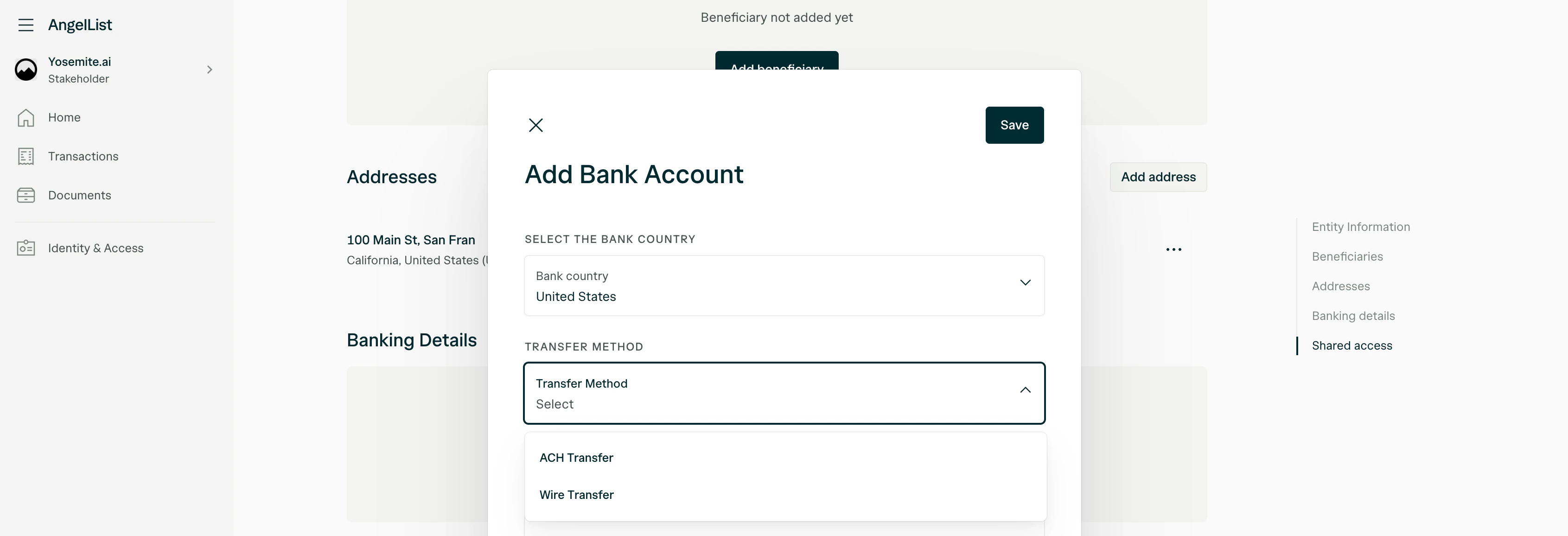 Transfer method selection showing ACH Transfer and Wire Transfer options.