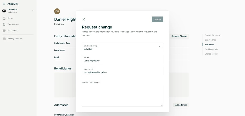 Request change dialog for entity information showing stakeholder type, name, login email, and optional notes fields.
