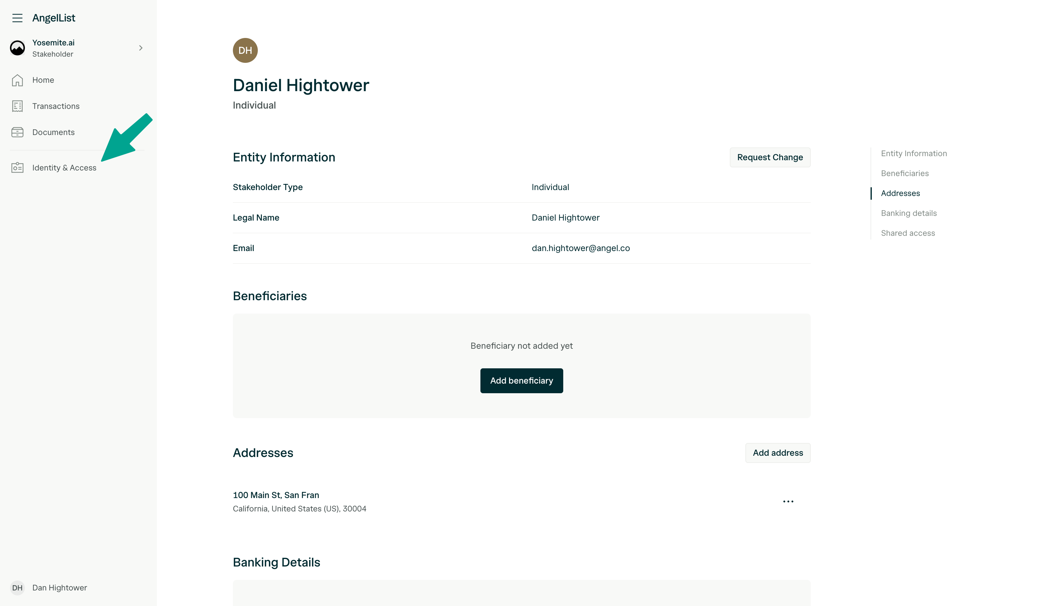 Identity & Access tab in the Stakeholder Dashboard showing entity information, beneficiaries, addresses, and banking details.