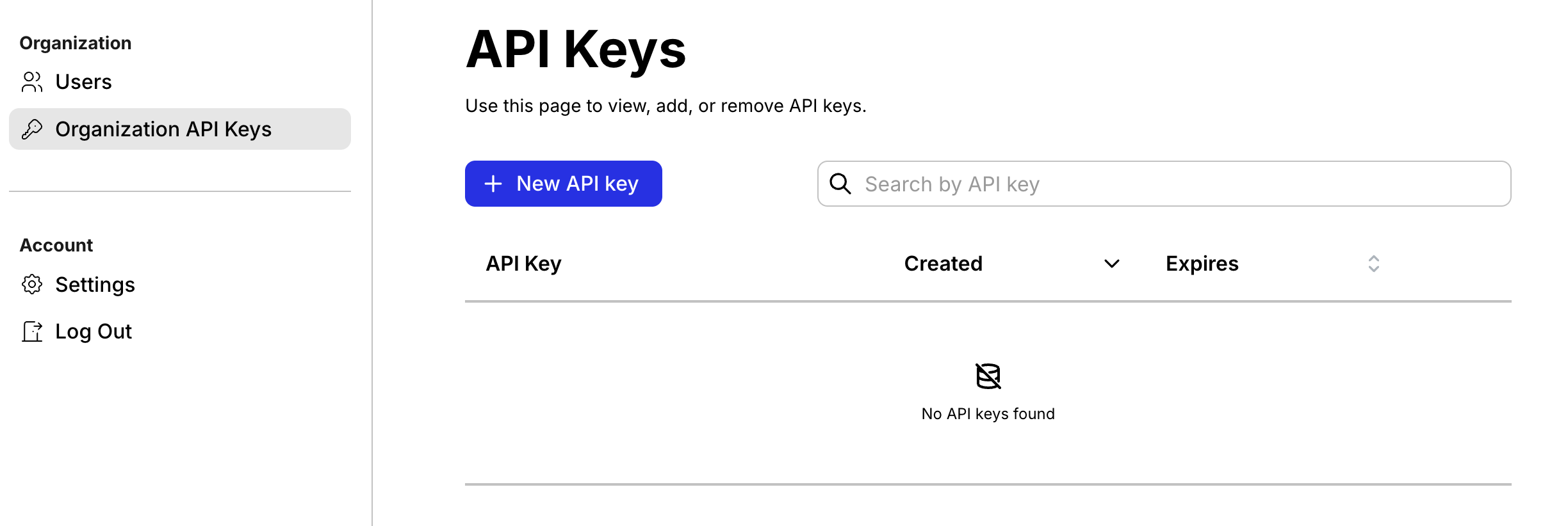 API keys settings page