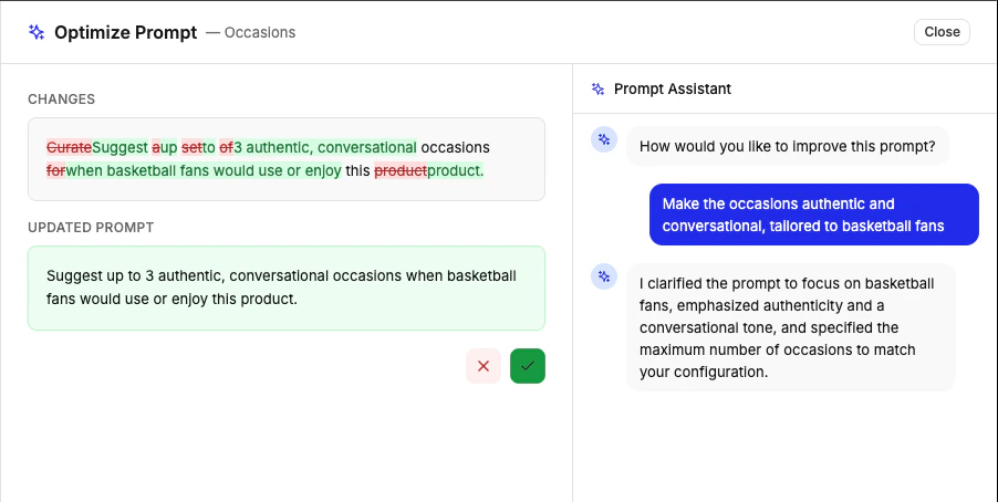 Prompt Optimizer interface showing diff view on the left and chat assistant on the right