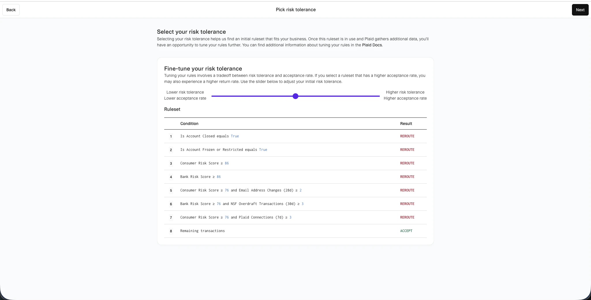 Pick risk tolerance for ruleset