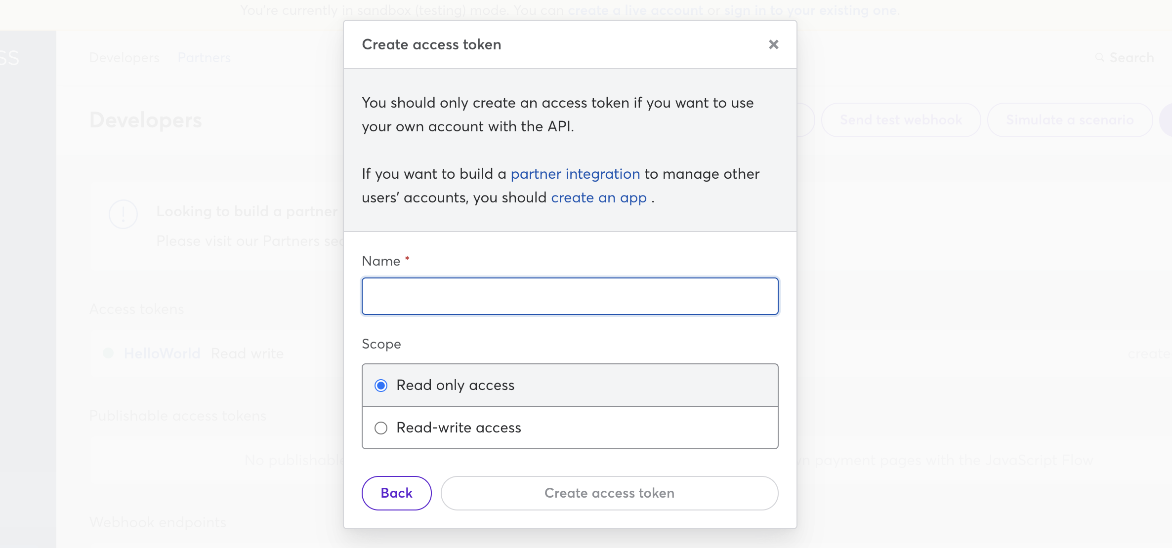 GoCardless Create Access Token