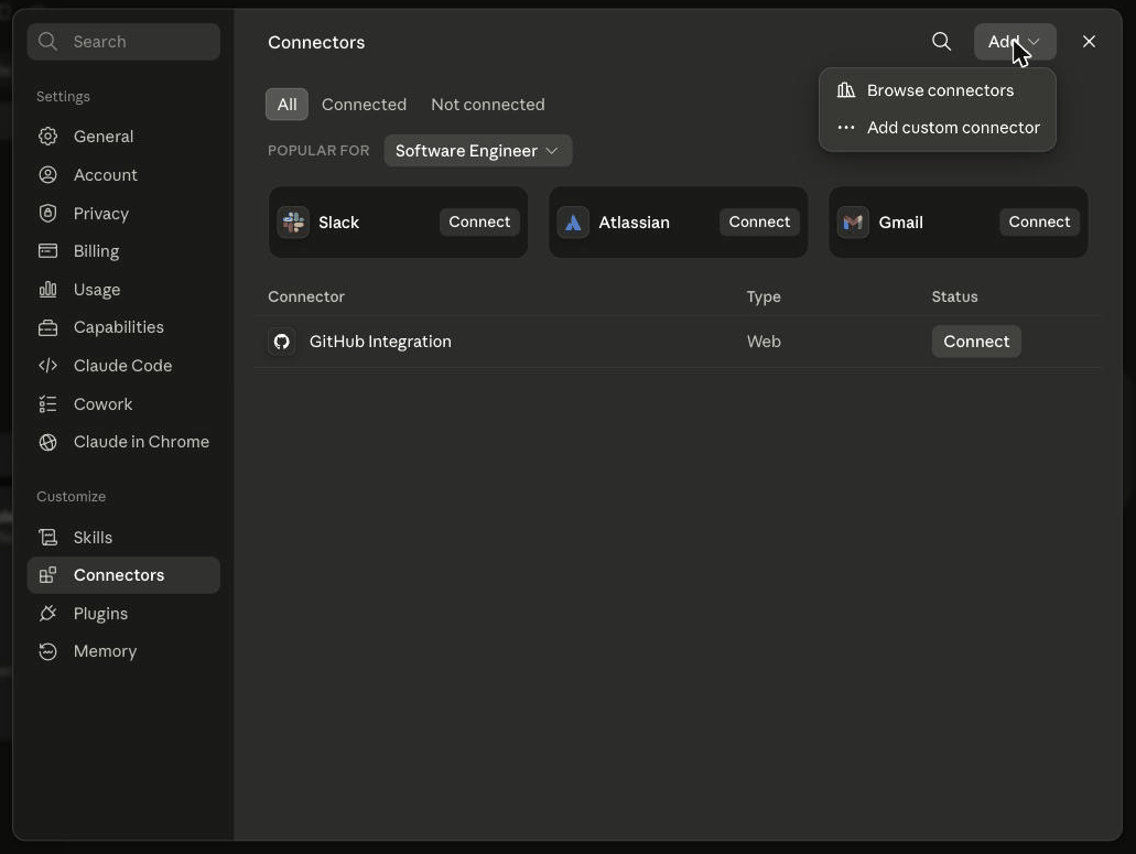 Claude Connectors settings with the Add menu open, showing Browse connectors and Add custom connector