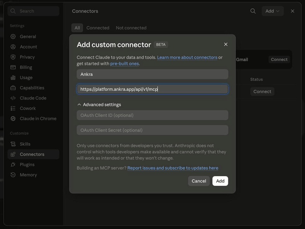 Claude Add custom connector dialog filled in with the name Ankra and the Ankra MCP server URL