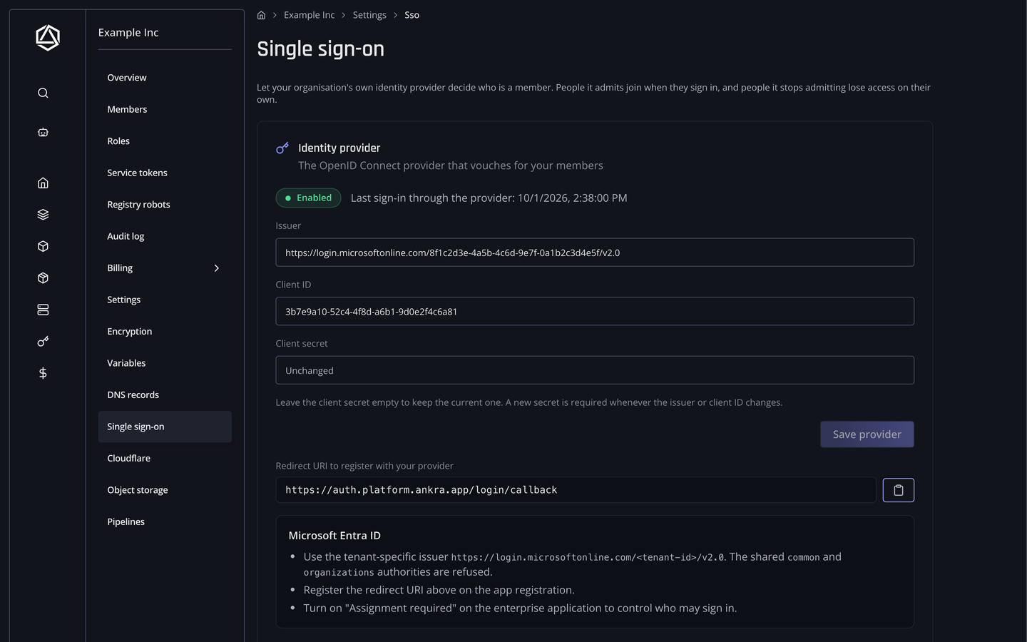 The Single sign-on page under Organisation settings: an Identity provider card showing Enabled, the issuer, client ID and client secret fields, the redirect URI to register with the provider, and Microsoft Entra ID hints