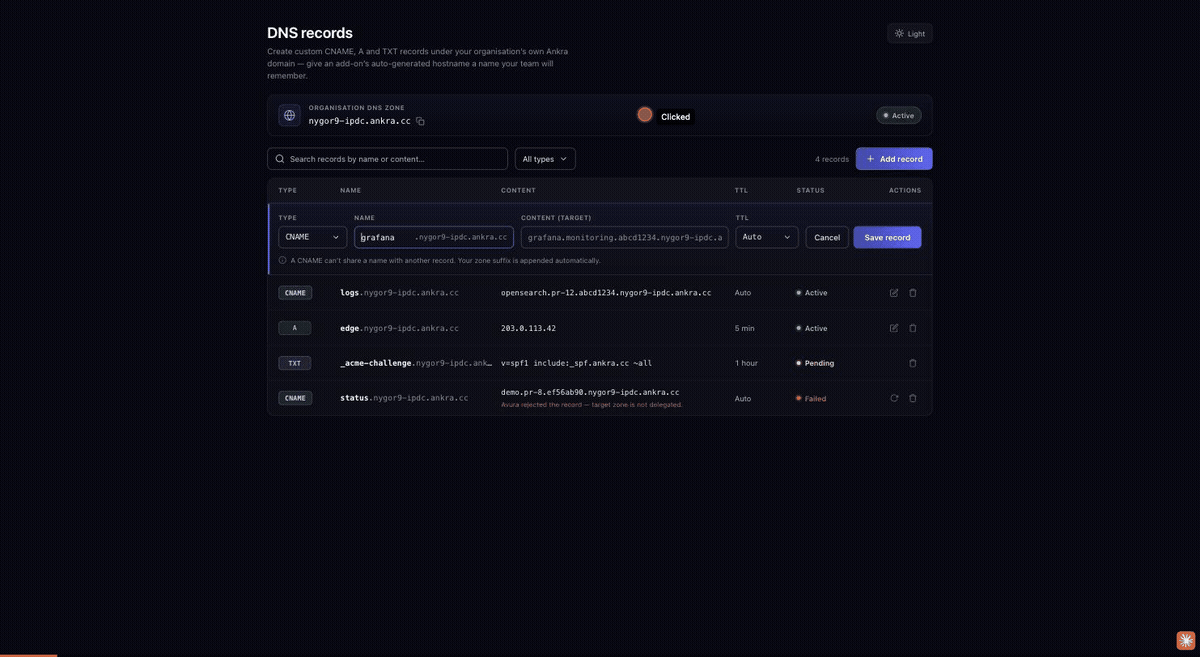 Walkthrough of the DNS records console: adding a CNAME record, filtering the list, editing a record's target in place, deleting a record, and switching between light and dark themes