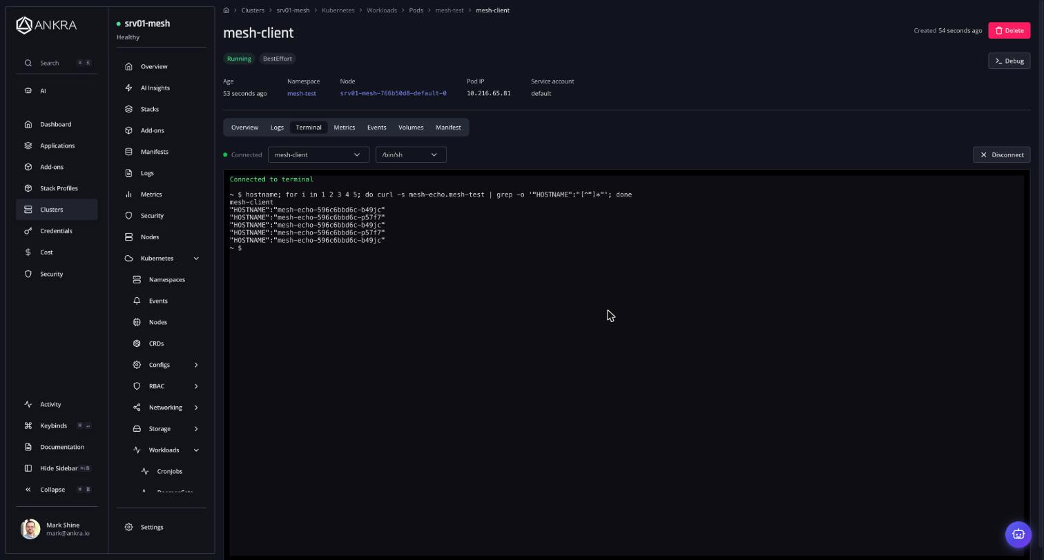 Ankra pod terminal on the consuming cluster: hostname prints mesh-client, and five curl responses print the HOSTNAME of mesh-echo backend pods that run on the other cluster, alternating between the two
