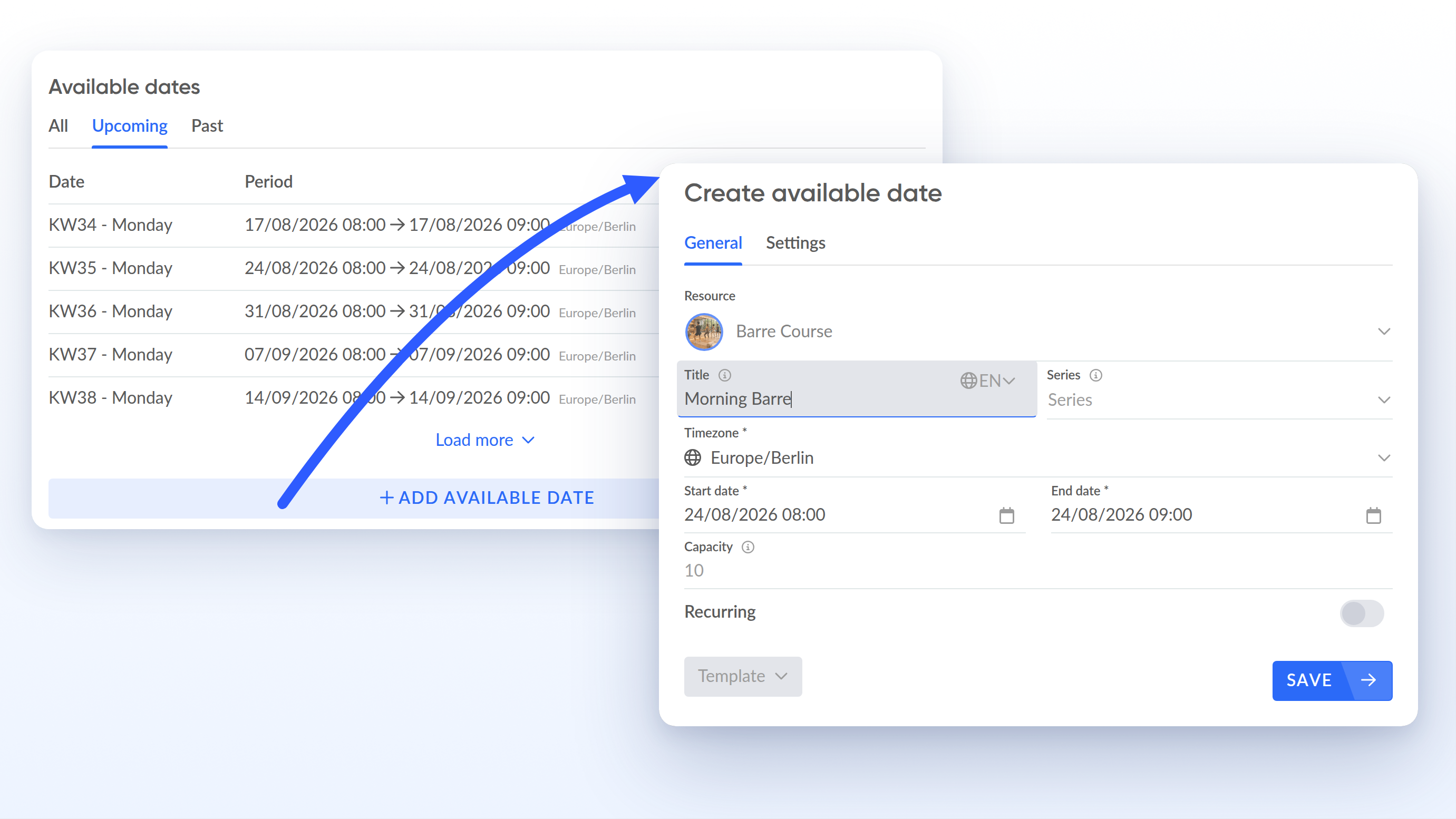 Liste Verfügbare Termine mit dem Button Verfügbaren Termin hinzufügen, der das Formular Verfügbaren Termin erstellen für den Morning Barre Kurs auf der Ressource Barre Course öffnet