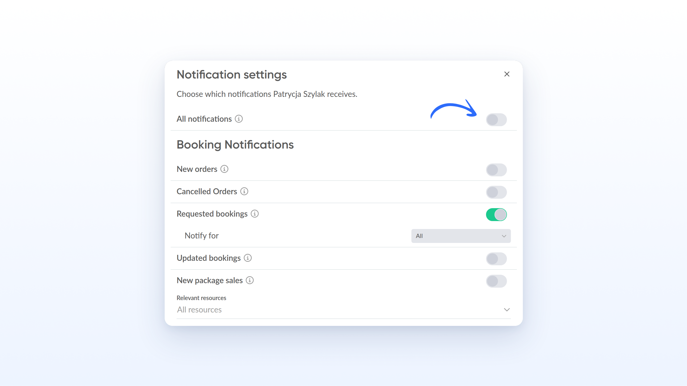 Notification settings dialog with the All notifications toggle and booking notifications