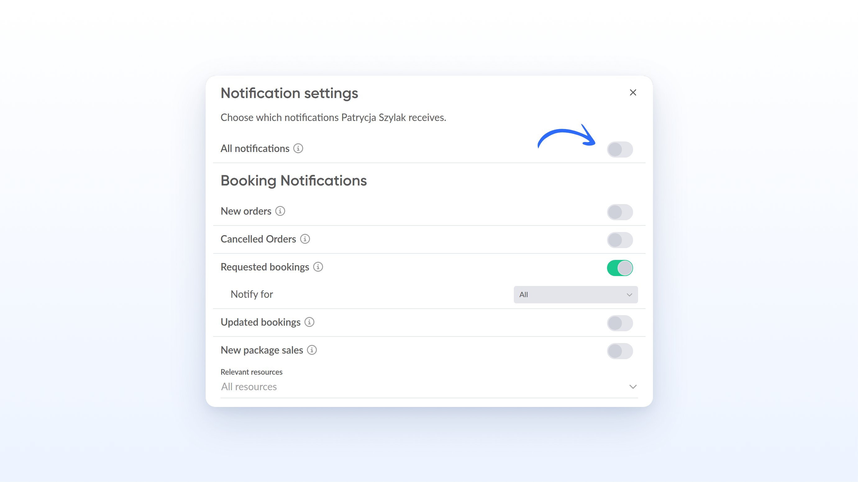 Notification settings dialog with the All notifications toggle and booking notifications