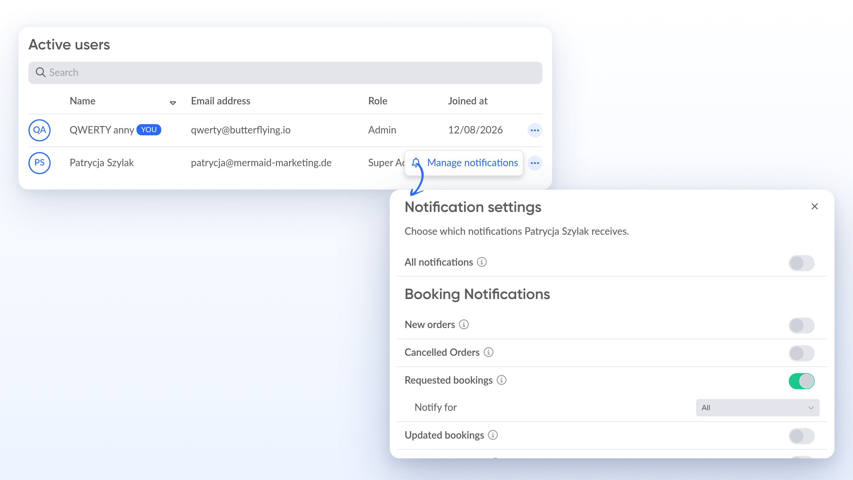 Manage notifications in the three-dot menu of Admin User management, and the Notification settings dialog