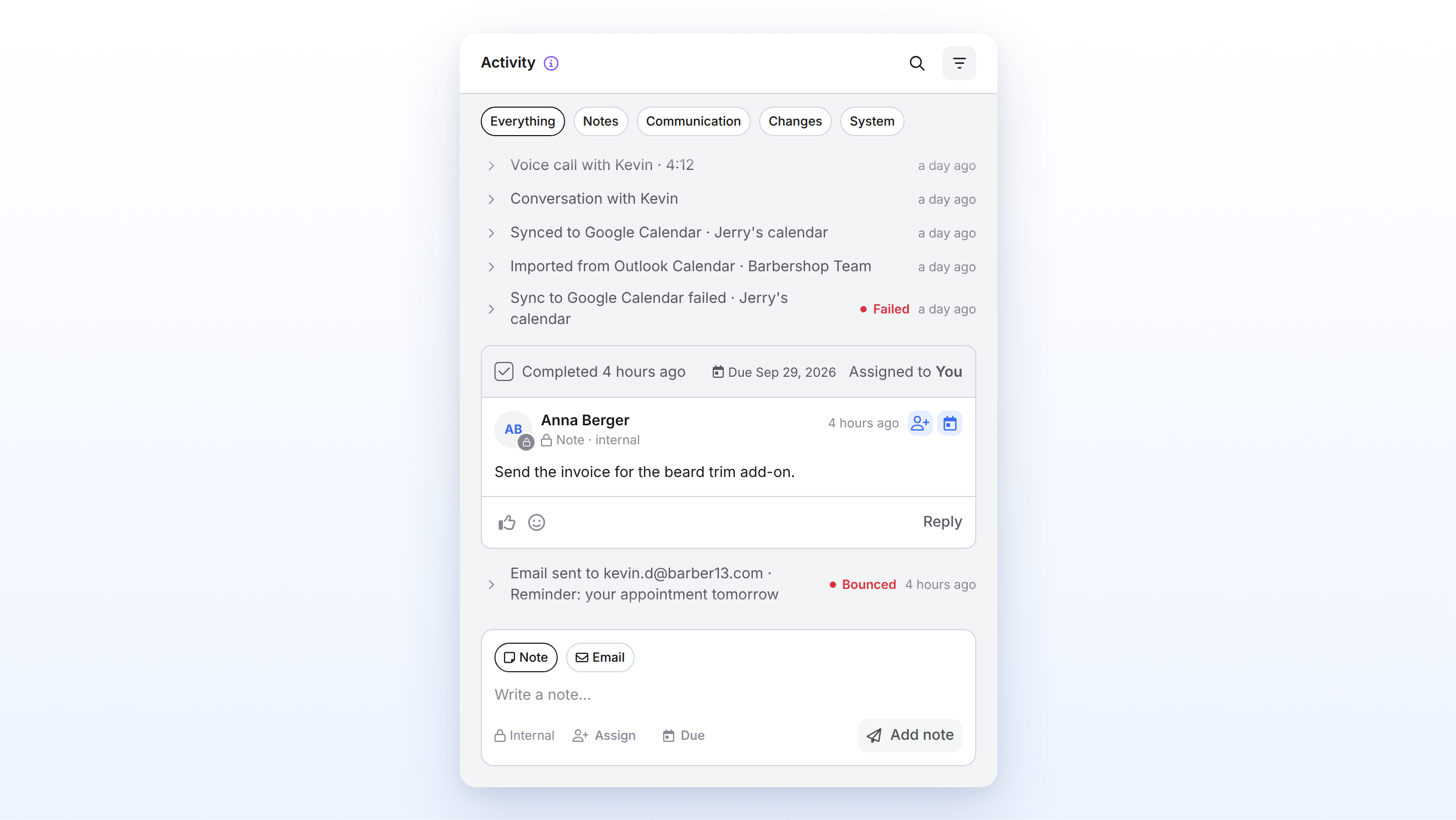 Aktivitäts-Log mit geöffneten Filtern Alles, Notizen, Kommunikation, Änderungen und System