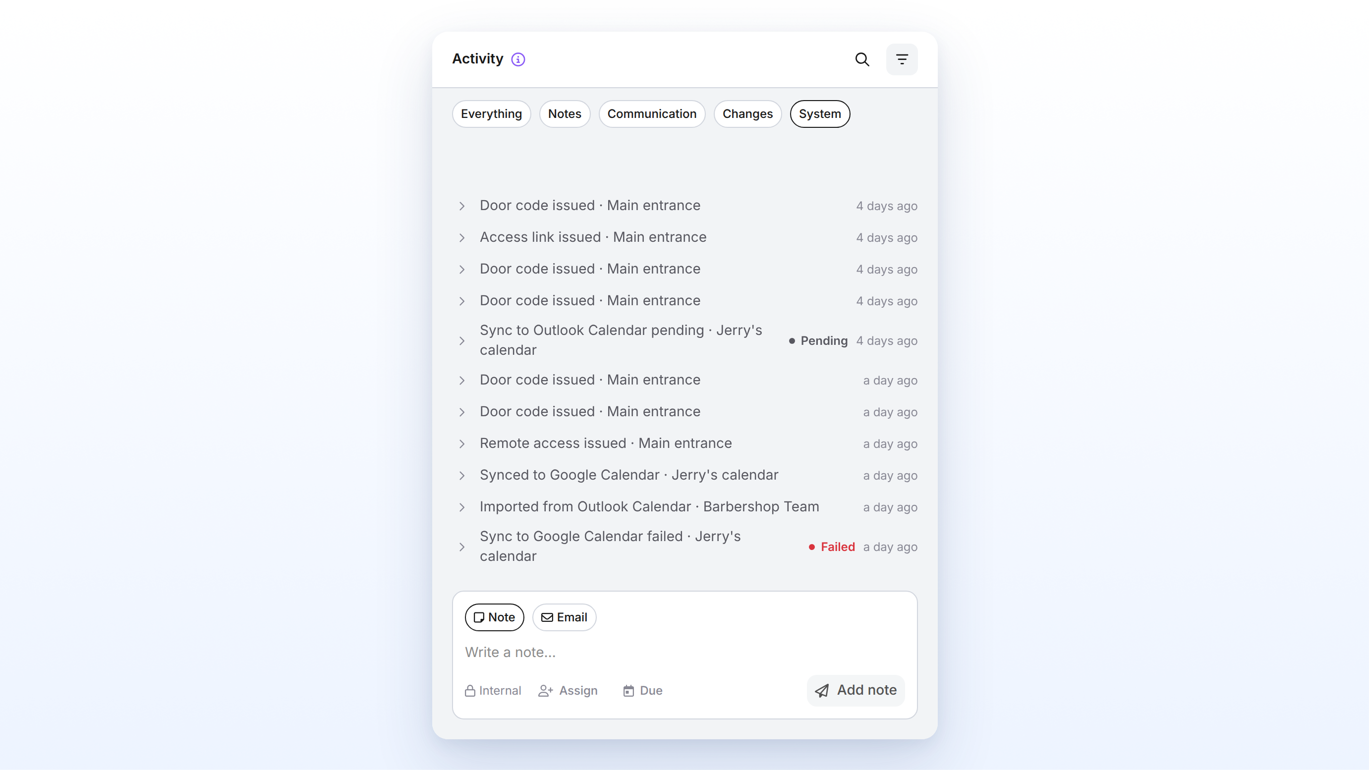 Aktivitäts-Log mit Filter System, Einträgen zu Türcodes, Zugangslinks und Kalendersynchronisationen
