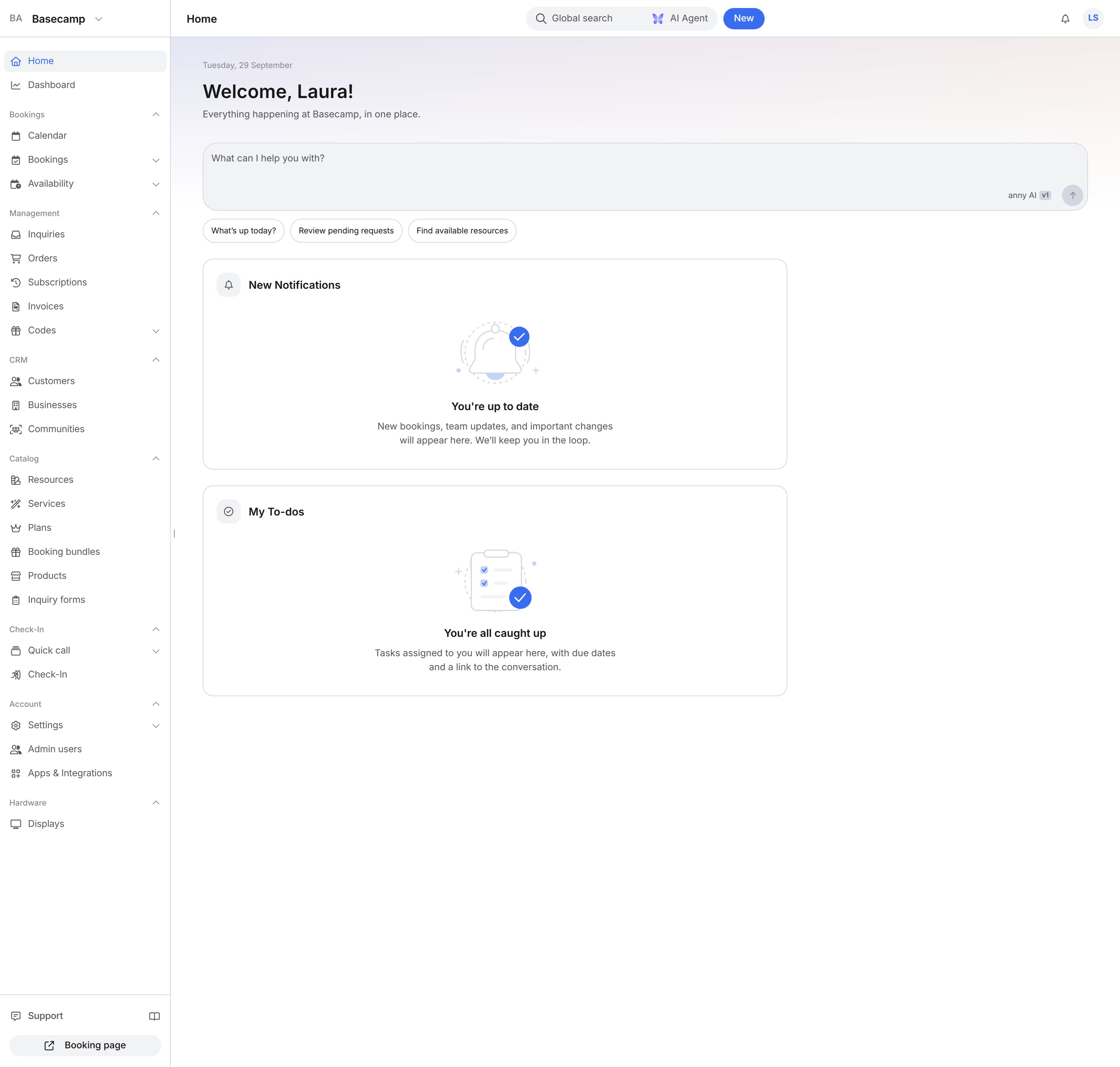 Admin home: sidebar from Home through Displays, Global search, AI Agent, and New in the top bar, the Welcome Laura heading, and the New Notifications and My To-dos cards
