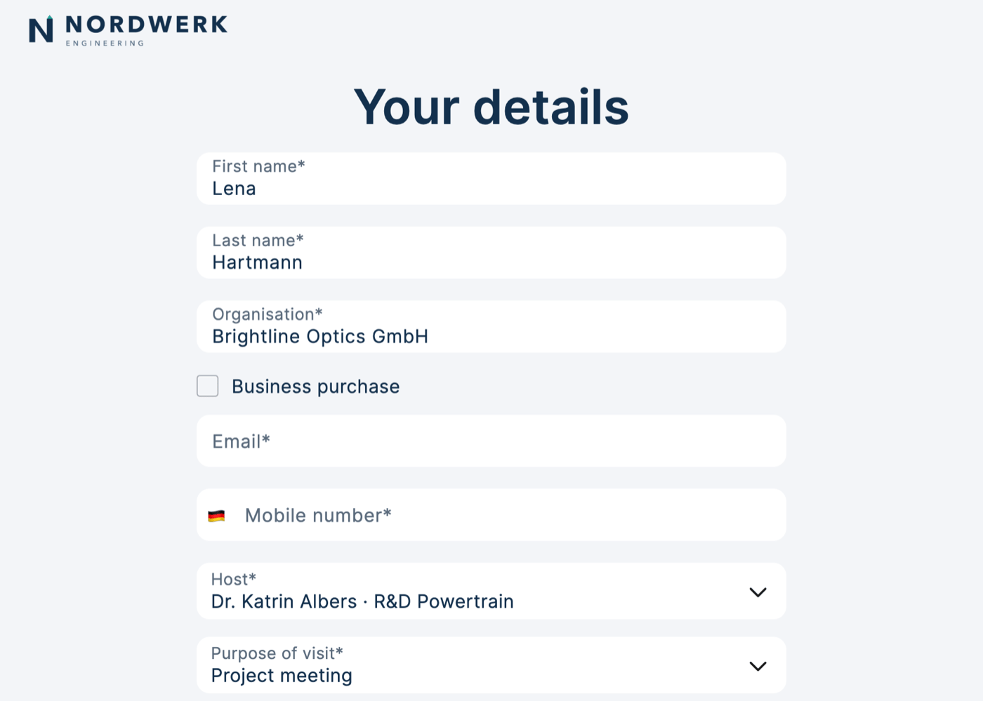 Form on the display with first and last name, company, host and purpose of visit prefilled, email and mobile number still empty
