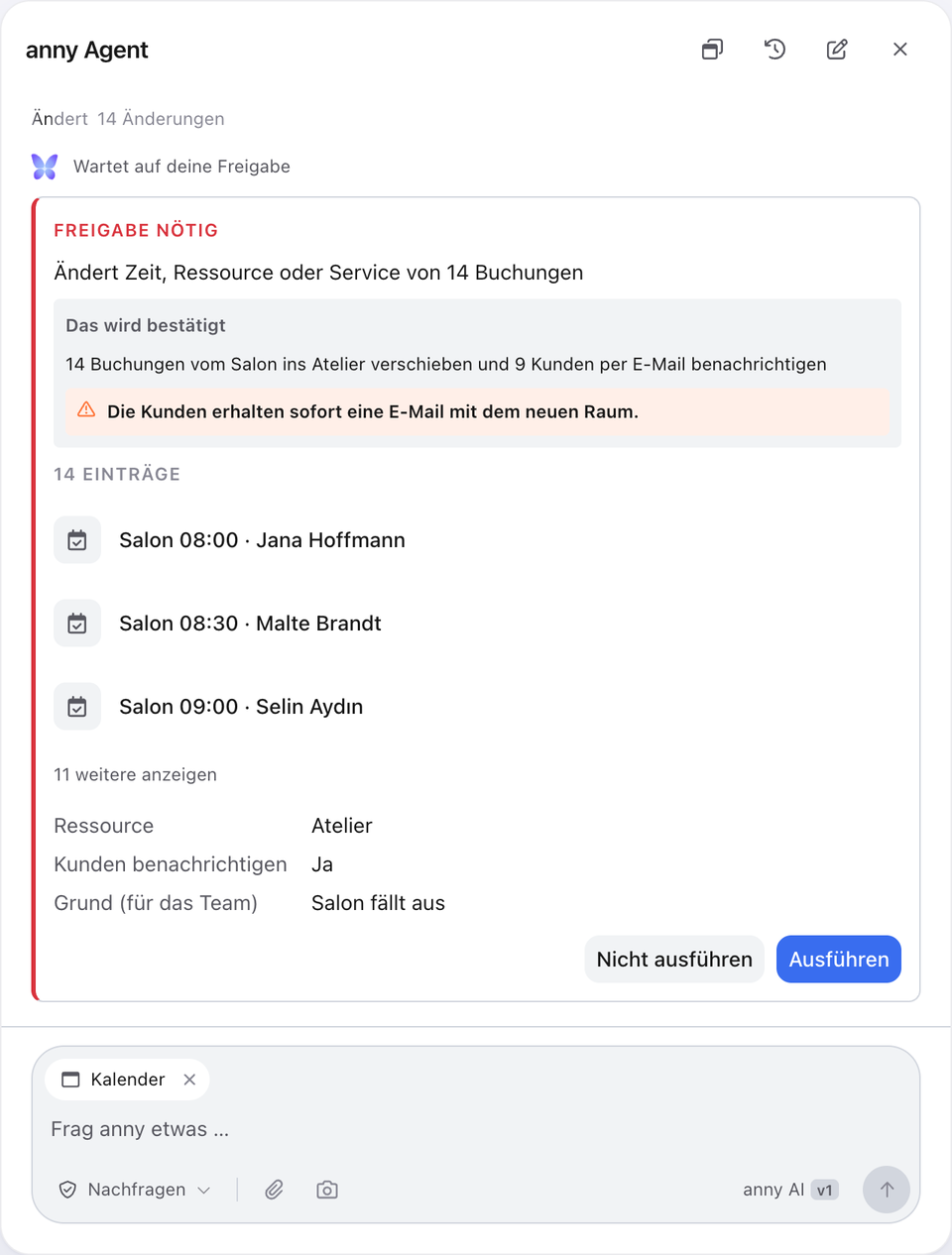 Approval step in the anny Agent: move 14 bookings from the Salon to the Atelier and notify 9 customers by email, with buttons to decline or go ahead